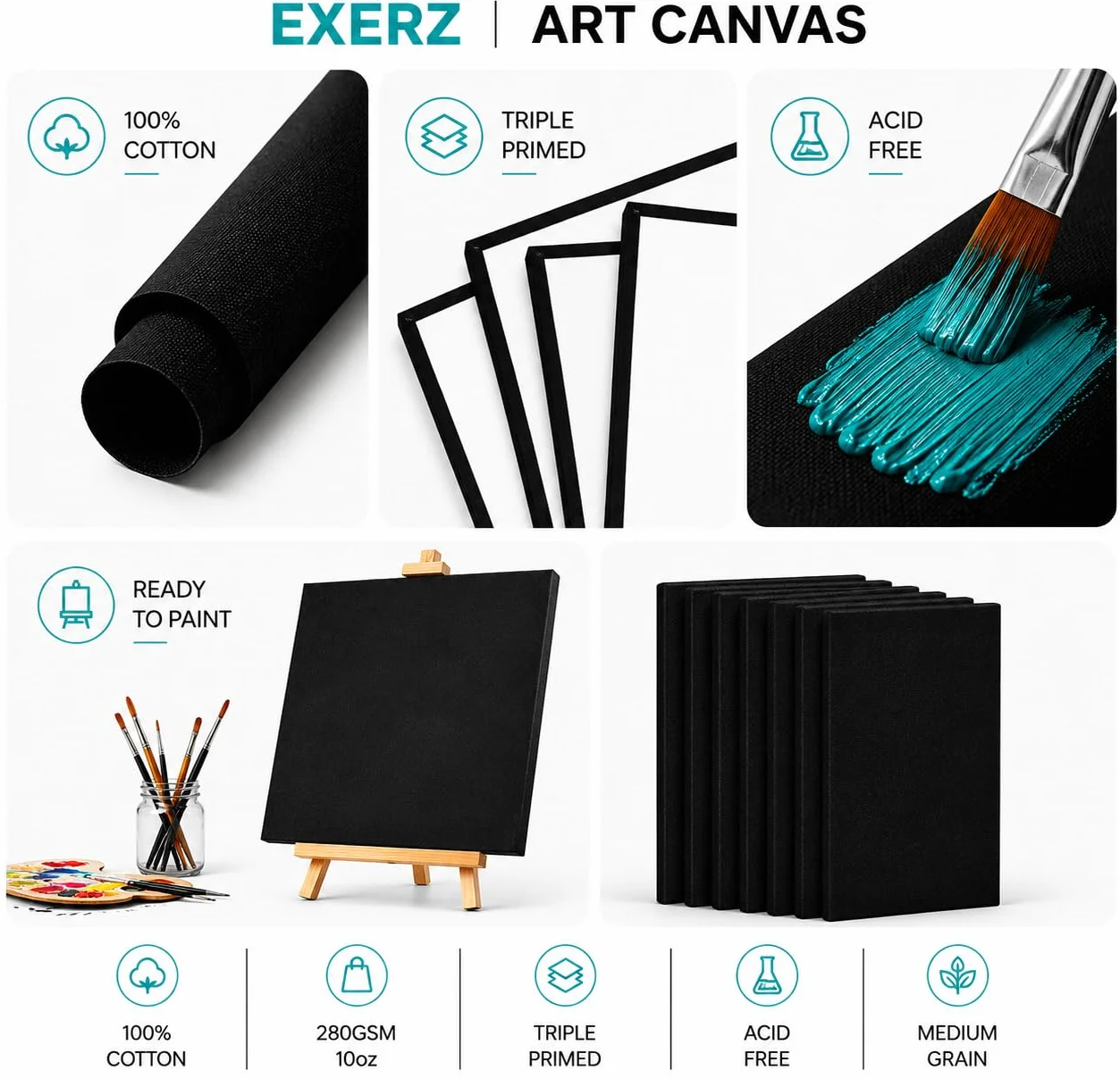 Exerz 30x40cm Pannelli in Tela 6pz Nero - 3mm/ 280gsm/ 100% Cotone Cartoni Telati d’Artista Bianca per Pittura/Vuote/Tre Strati di Gesso/Prive di acidi/Grana Media - Olio o Acrilico