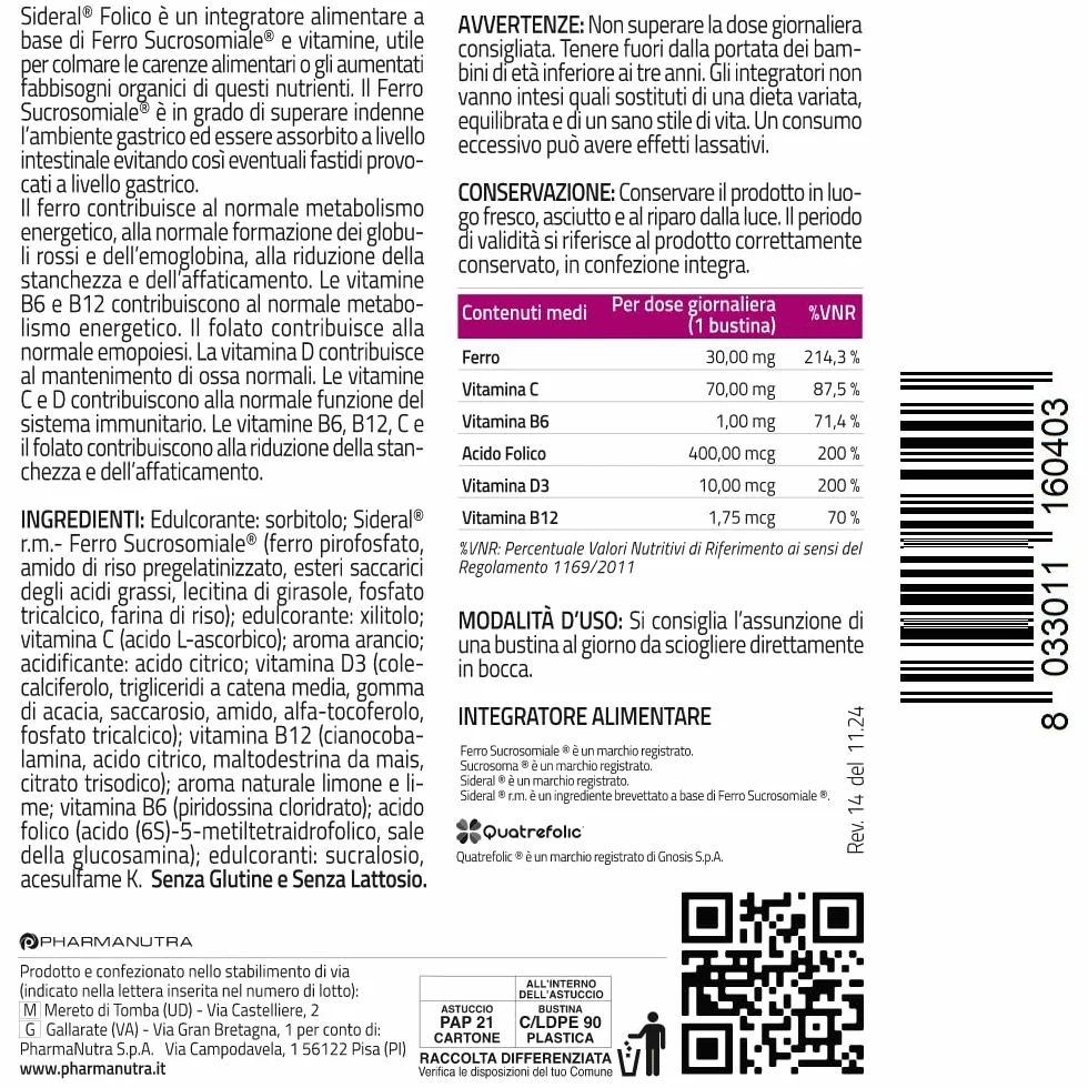 SiderAL Folico, Integratore alimentare con Ferro Sucrosomiale®, Quatrefolic®, Vitamine D3 e B12 Sucrosomiali®, Donne in Gravidanza, Allattamento, Ciclo mestruale, 20 bustine orosolubili, Pharmanutra