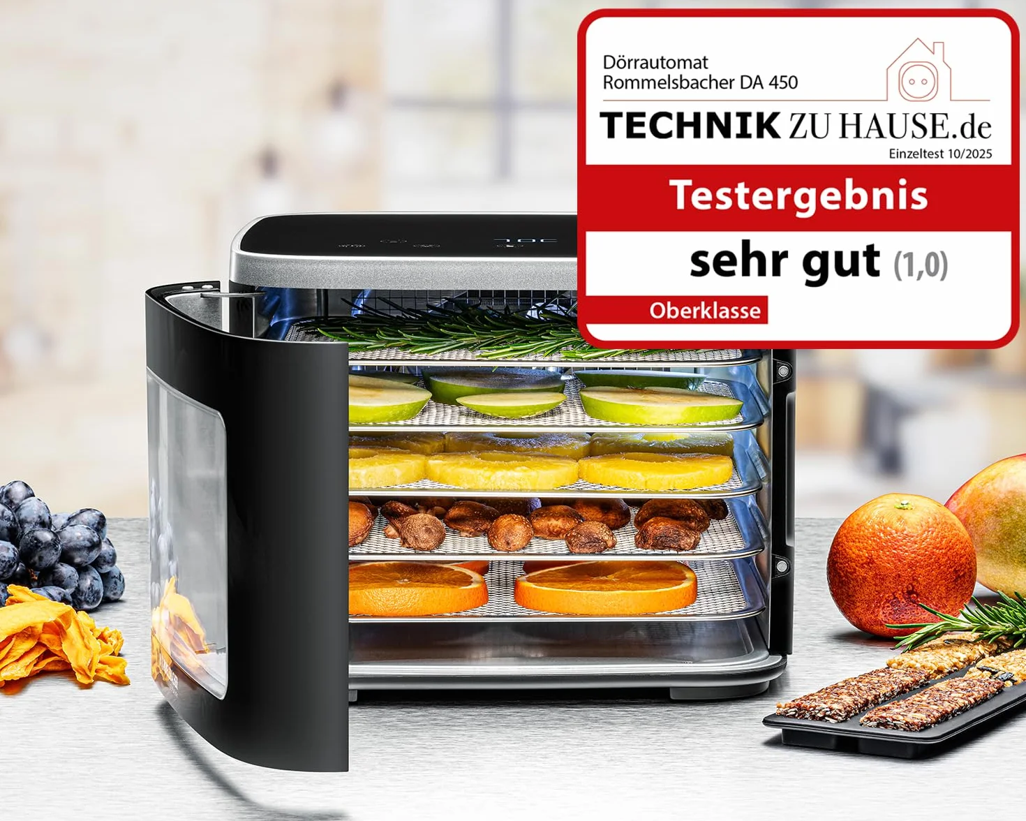 ROMMELSBACHER Essiccatore DA 450, superficie di essiccazione 0,2 m², con 5 vassoi in acciaio inox, 1 griglia di essiccazione, 1 base di essiccazione, 2 stampi per cereali, display LCD, timer 99 ore