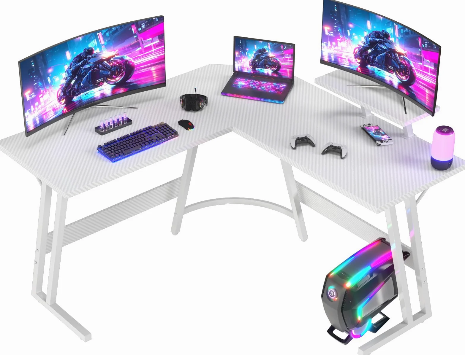 JUMMICO Scrivania Angolare, Scrivania Gaming 120x120cm - Tavolo da Gioco a L con Supporto Reversibile per lo Schermo - Versatile (gioco/lavoro/studio) - Rivestita in Carbonio - Bianco