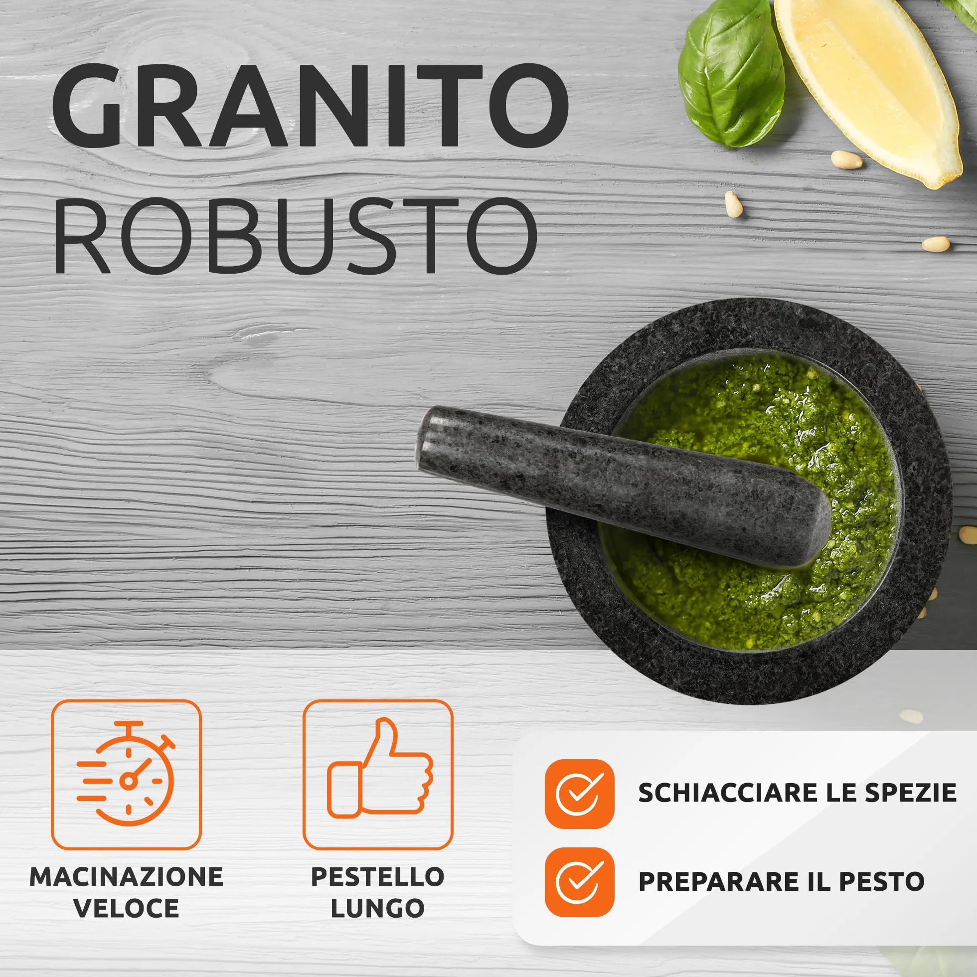 ECENCE Mortaio con Pestello in granito Ø15,5cm base in legno acacia per erbe e spezie