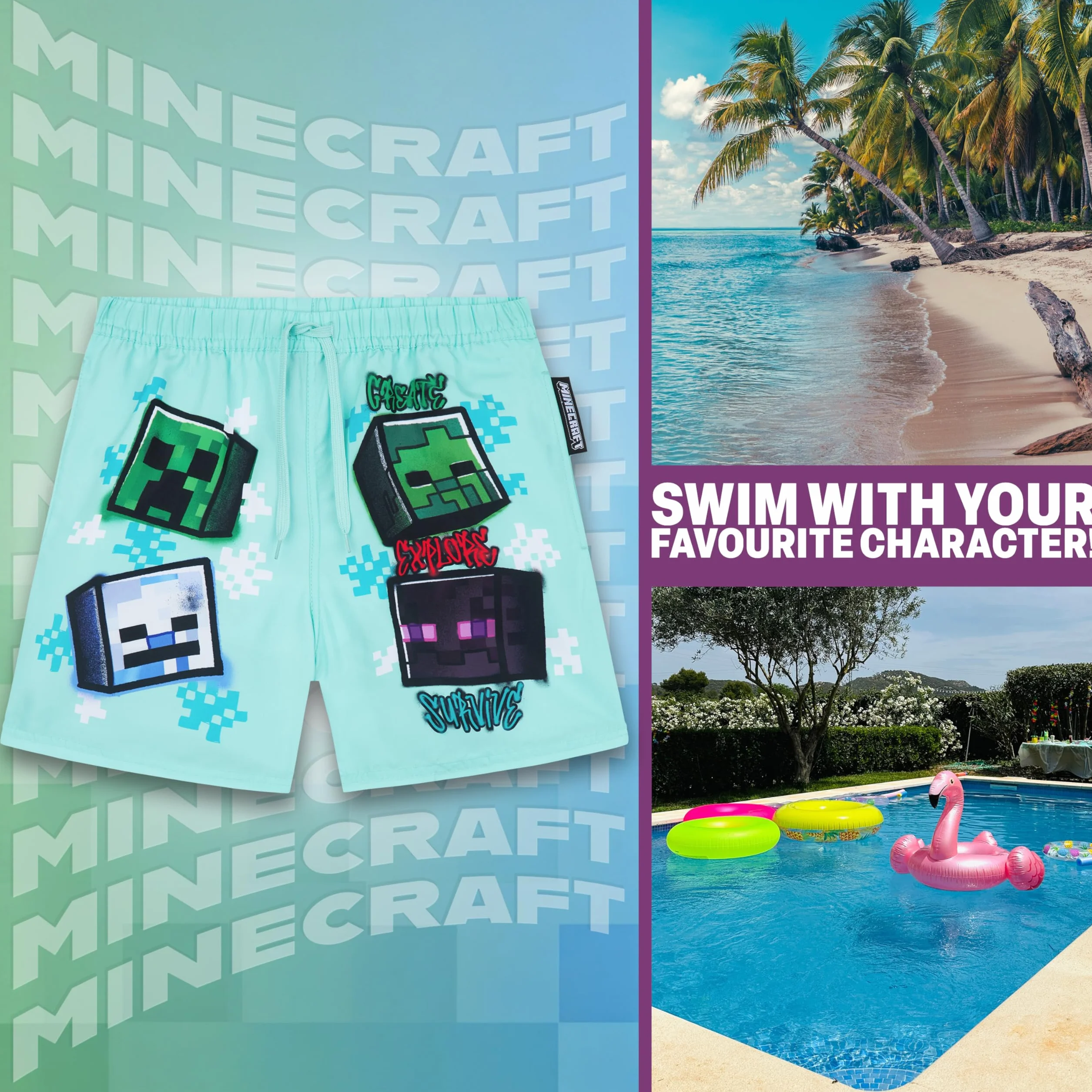 Costume da bagno Minecraft Pokemon Fortnite per ragazzi UPF 50 pantaloncini con rete spiaggia piscina