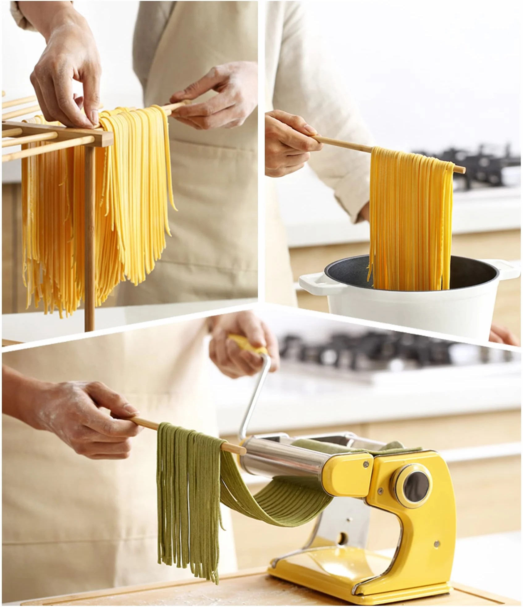 Scolapasta in bambù con bacchetta di trasferimento e 12 barre, facile da trasferire per asciugare la pasta e cucinare, design speciale a sospensione per riporre grandi quantità
