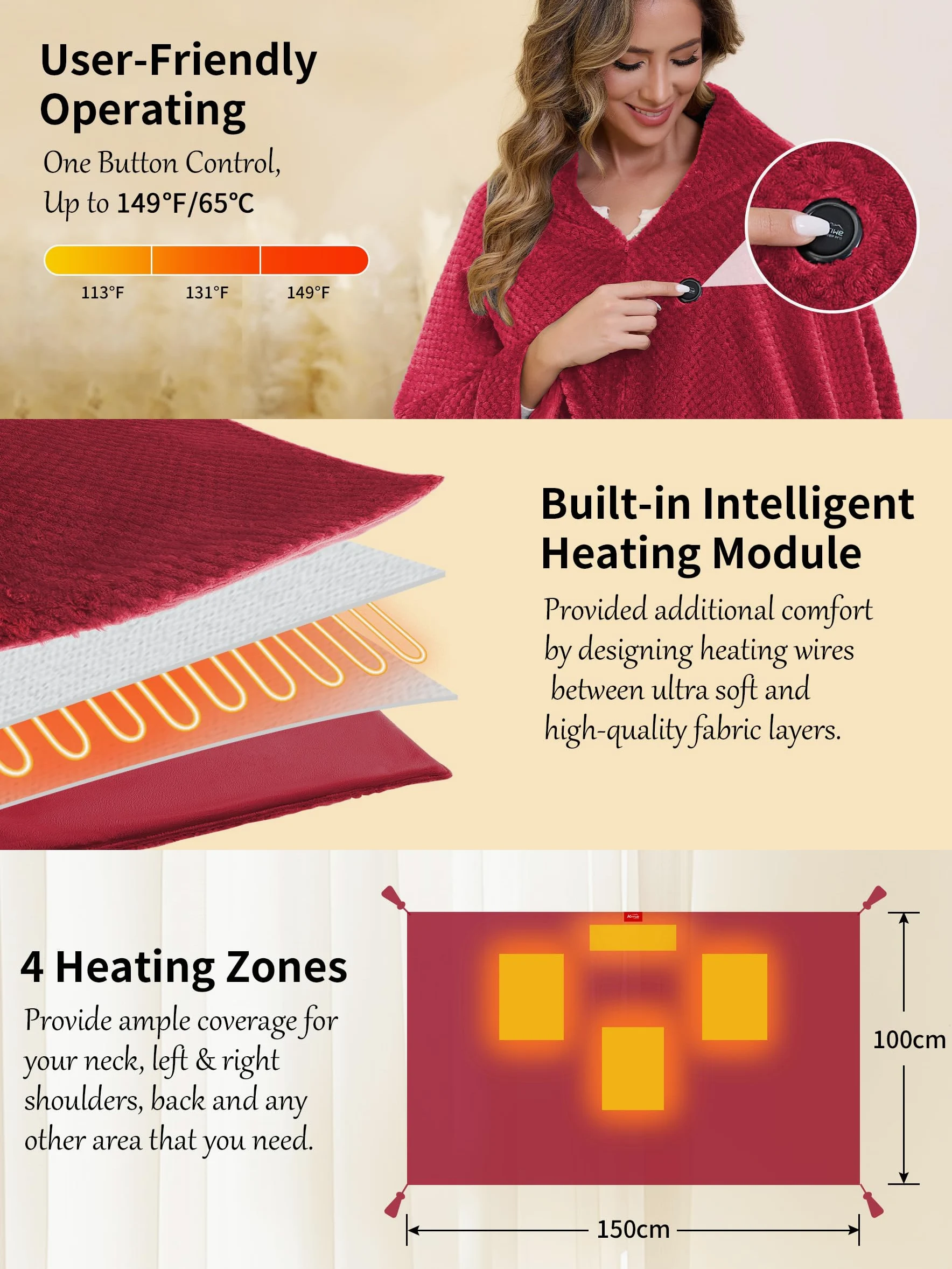 Coperta Riscaldante Elettrica con 20000 mAh Batteria senza fili, Coperta Indossabile Termica Elettrica con 4 Zone di Riscaldamento e 3 Livelli di Temperatura (Rosso, 100 x 150 cm)