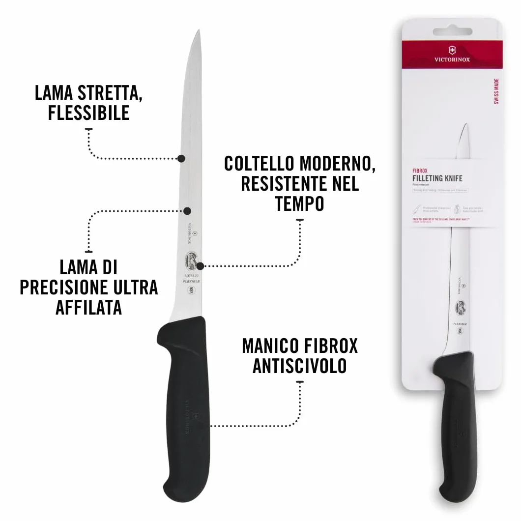 Victorinox Fibrox, Coltello per sfilettare, Coltello da Cucina Affilato per Carne e Pesce, 20 cm, Lama Dritta, Flessibile, Acciaio Inossidabile, Nero
