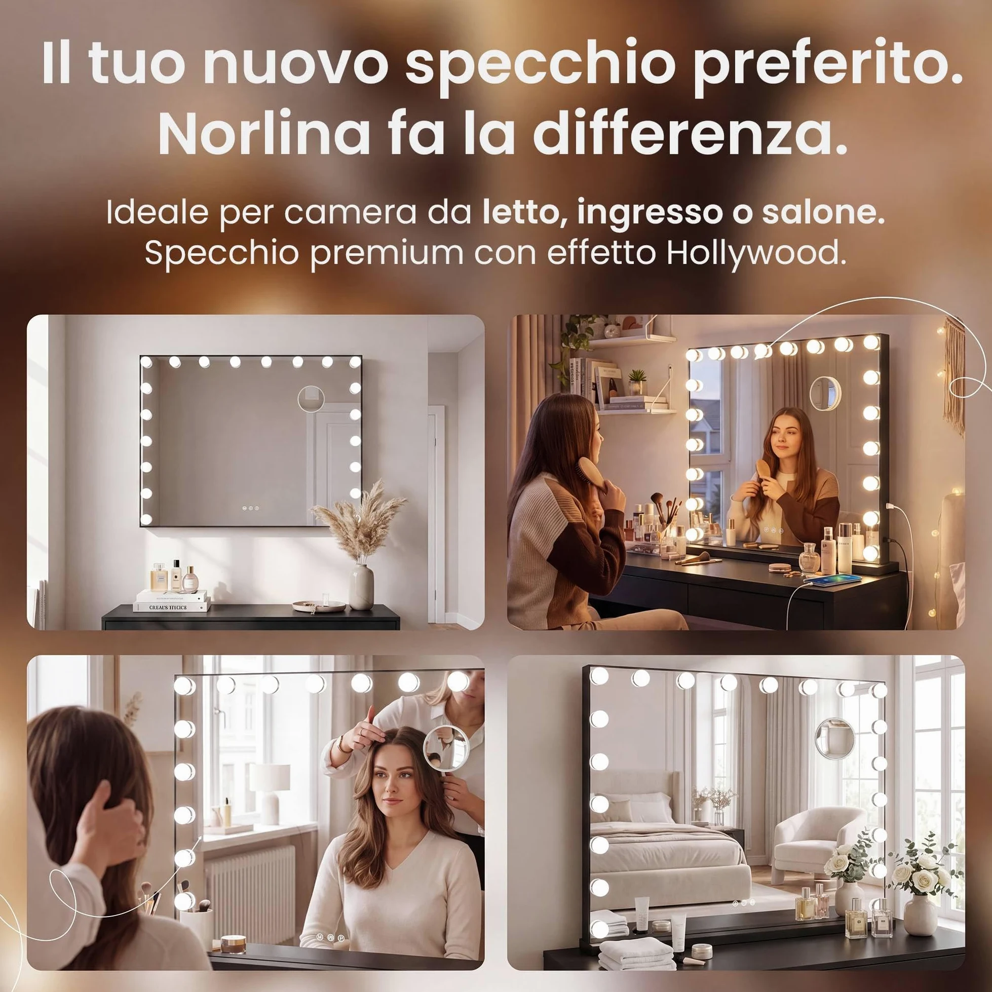 CLP Specchio Trucco Norlina 80x60 cm con Luci LED Dimmerabili, 3 Modalita di Illuminazione e USB. Specchio Hollywood da Parete o da Tavolo, Colore:nero