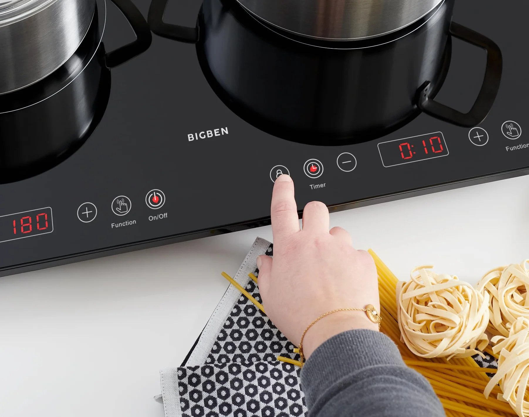 Bigben - Doppio piano cottura a induzione CKDUO2BK, 3500 W, 2 fuochi, timer, controllo della temperatura 60-240 °C, facile pulizia