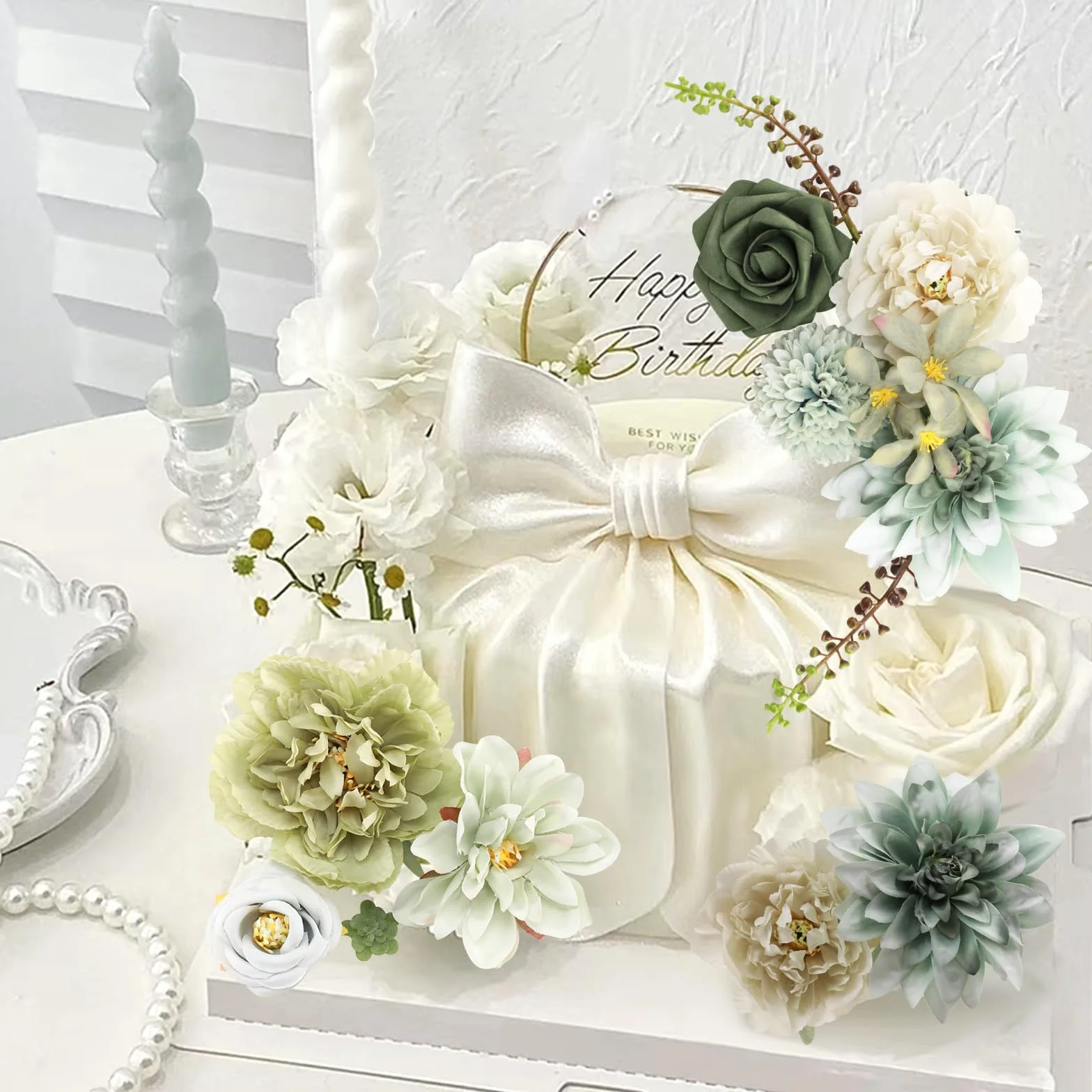 Kisflower Set di fiori artificiali verdi con steli, per bouquet da sposa fai da te, decorazioni per la casa