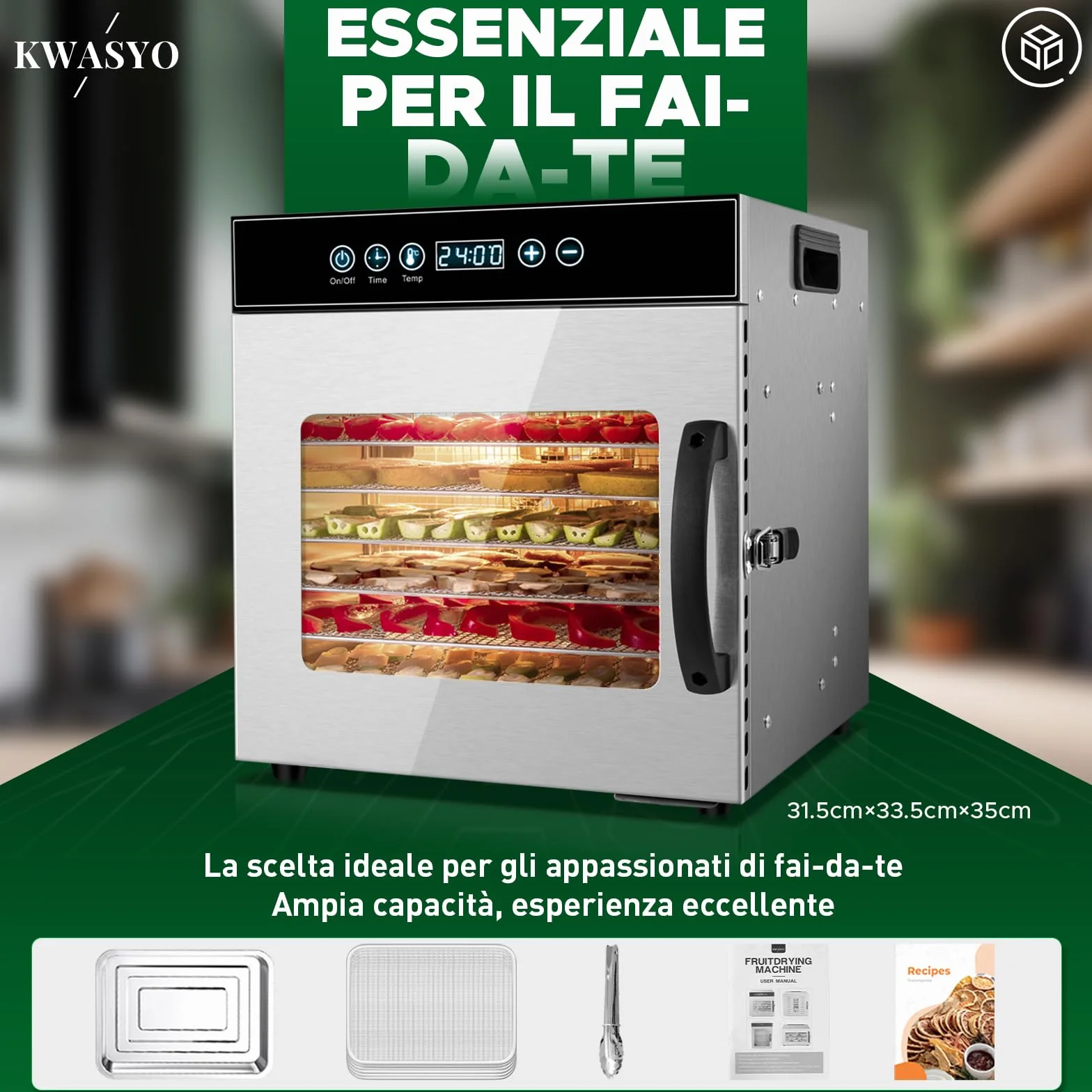Kwasyo Essiccatore Alimentare Acciaio Inox, 8 Vassoi Con Display LCD, 24 ore Timer, 30-90°C Temperatura Regolabile,500W Essiccatore di Frutta e Verdura, Vassoi Lavabili in Lavastoviglie