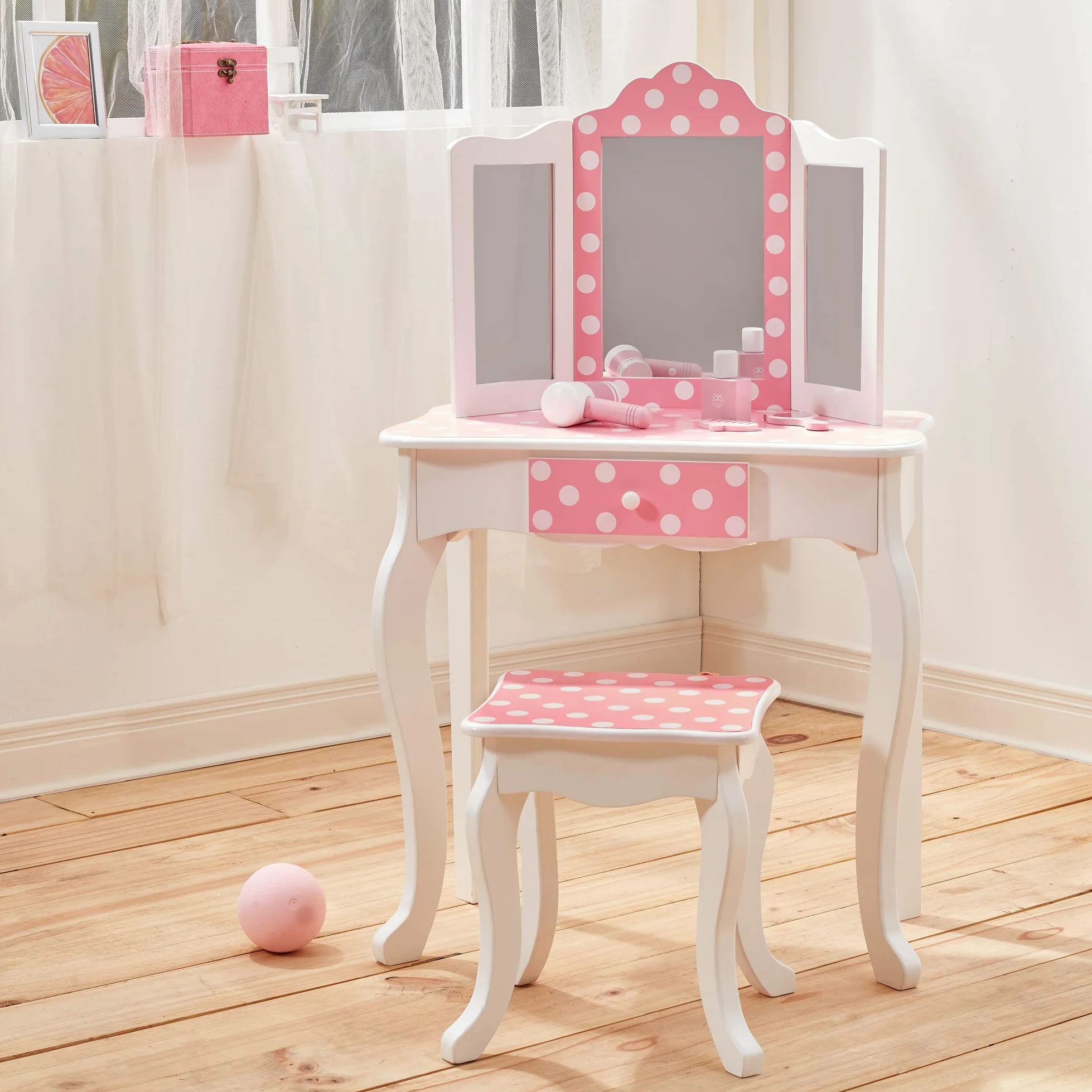 Toletta in Legno Rosa con Sgabello e Specchio per Bambini Teamson Kids TD-11670F