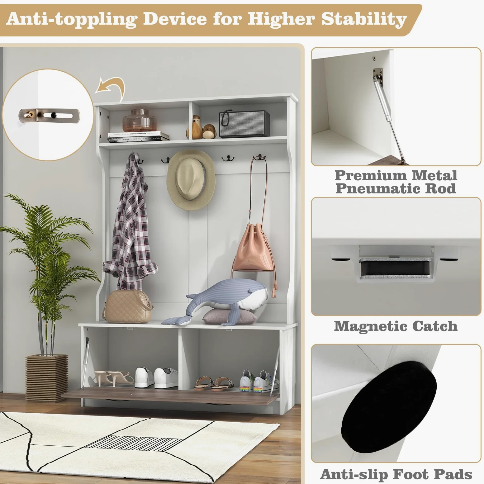 GIANTEX Appendiabiti con Panca da Scarpe, Armadio con Panca Portaoggetti e 5 Ganci e Scomparti, Mobile d'Ingresso Moderno per Corridoio, Camera da Letto, 100x40x160 cm (Bianco)