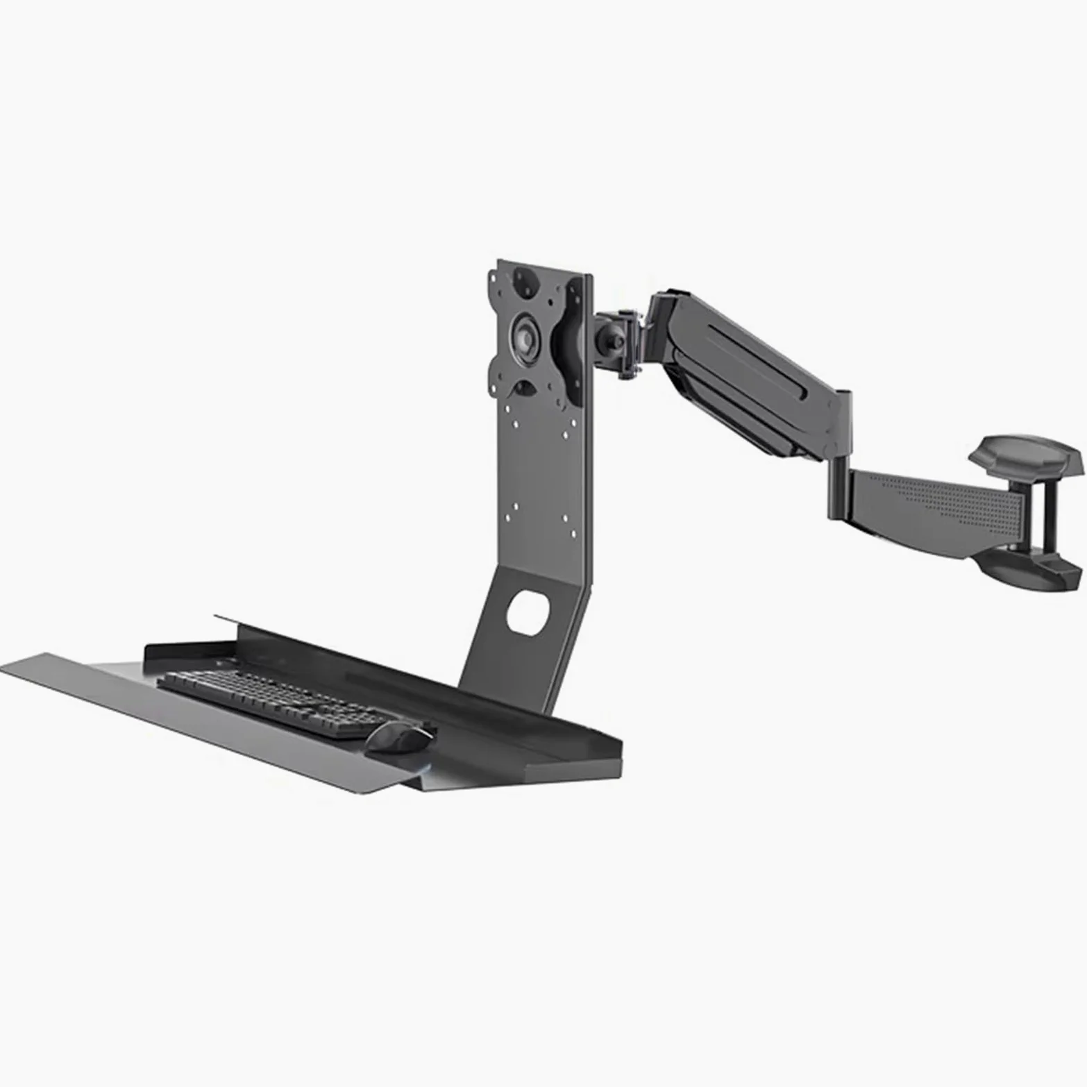Postazione di lavoro sit-stand da parete per monitor singolo e tastiera, braccio con molla a gas, altezza e angolo regolabili, carico massimo 22 kg, adatto a display da 17"-35"