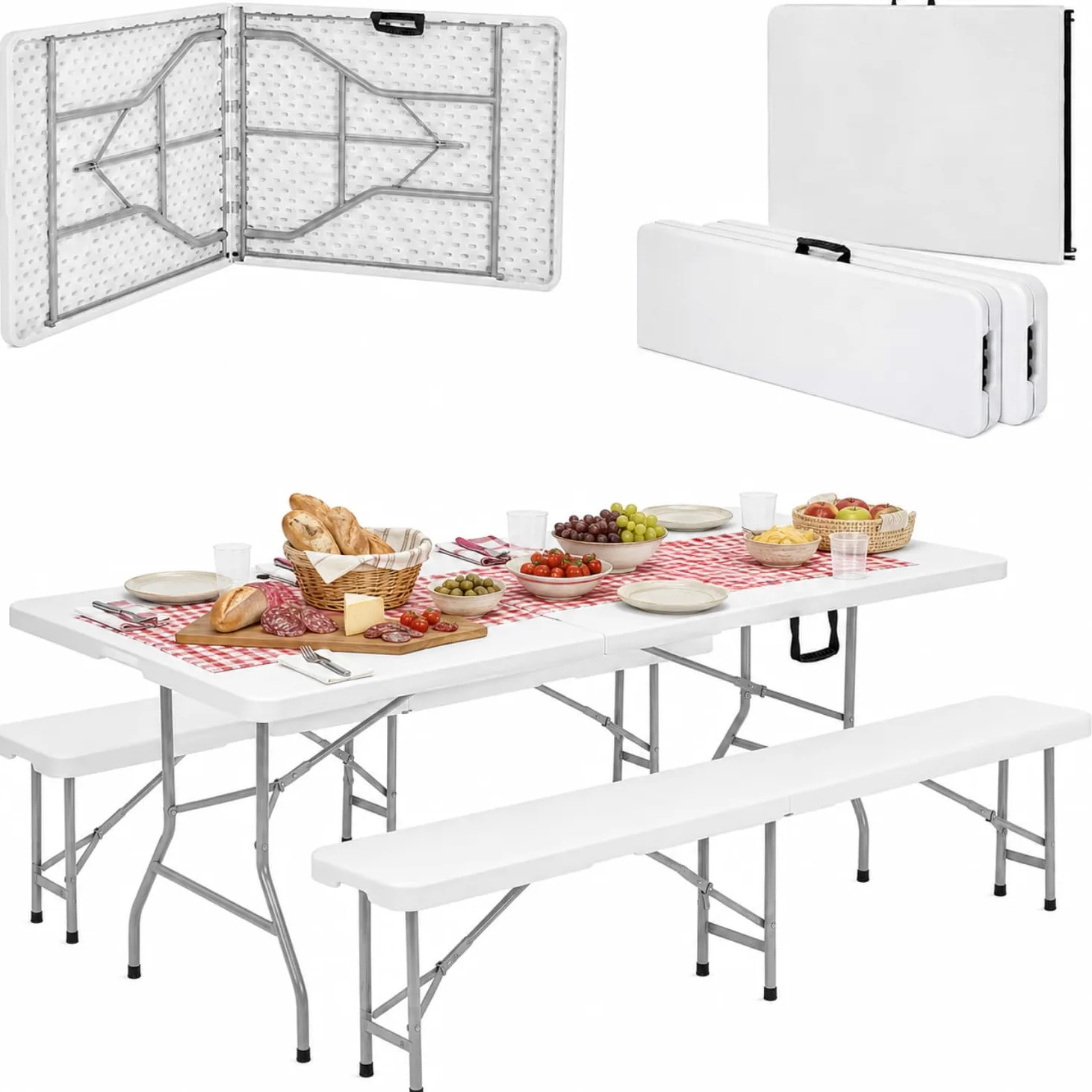 PALUPLUS Set Tavolo Catering con 2 Panche Pieghevoli, Tavolo da 180x71x74 cm e Panca da 180x29x43 cm, Set a Valigetta in Resina con Struttura in Metallo e Maniglia per trasporto -344F/8745F -28
