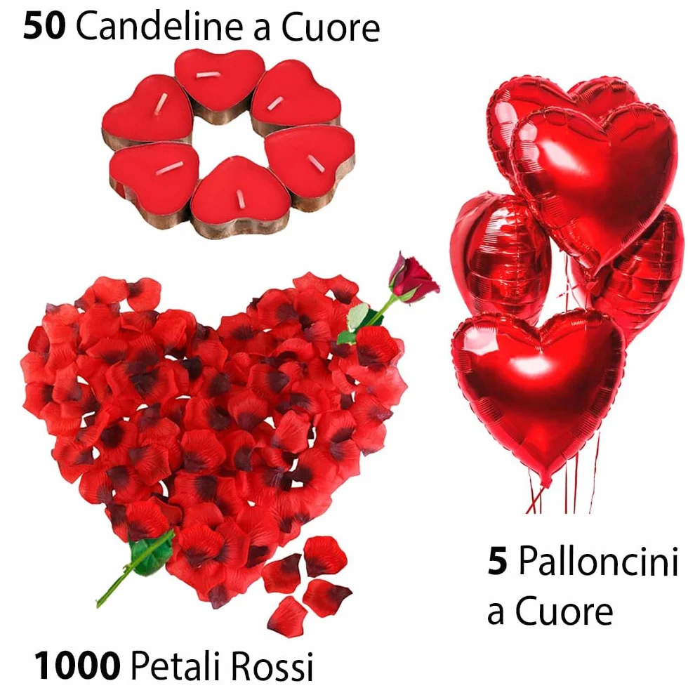 Kit Romantico di 50 Candeline a Forma di Cuore + 1000 Petali di Rosa di Seta + 5 Palloncini Rossi - Decorazioni per Matrimonio, San Valentino e Fidanzamento