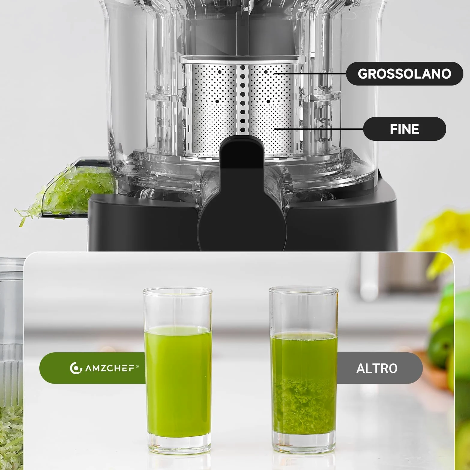 AMZCHEF Estrattore Frutta e Verdura, 120mm Bocca Larga con Taglio Automatico, Slow Juicer a Freddo 60RPM, Estrattore di Succo in Acciaio Inox, Facile da Pulire[Classe di efficienza energetica A+++]