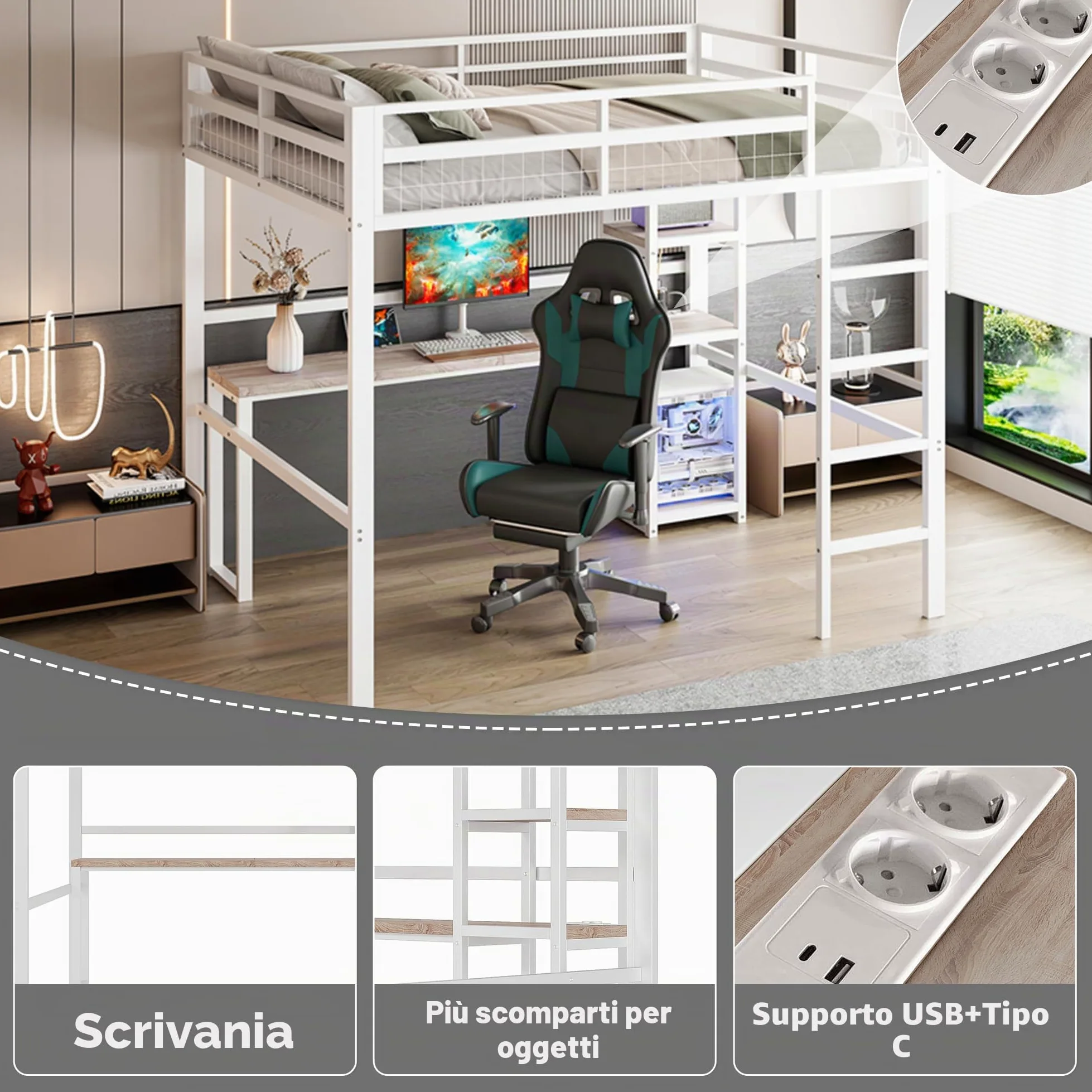 Letto a soppalco in metallo, 140 x 200 cm, scrivania con presa e scaffale, con ricarica USB + Type-c, per bambini, ragazzi e adulti, letto a castello, senza materasso (bianco)