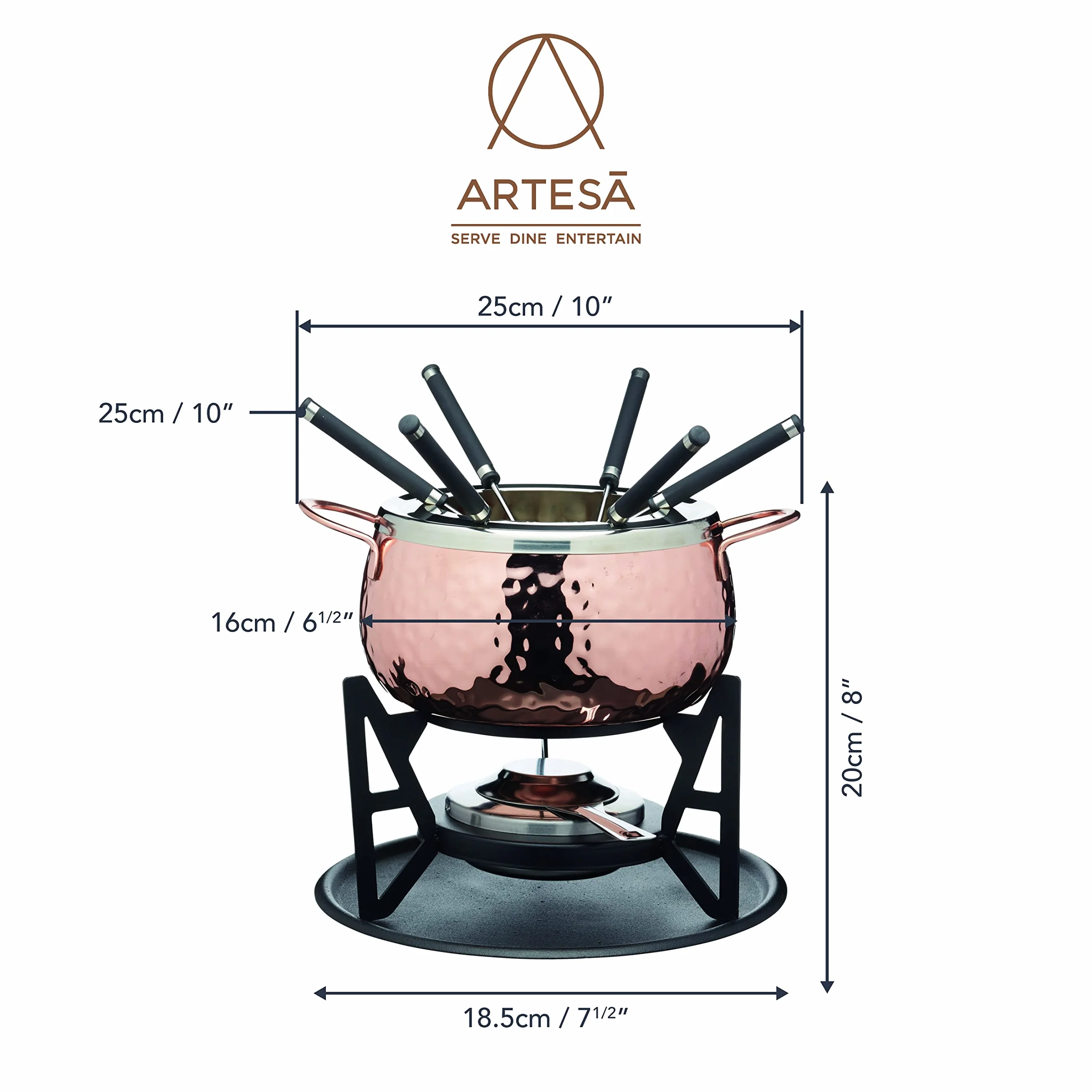 Artesà Set Fonduta Acciaio Inox Ciotola Ceramica Supporto Metallo Bruciatore Doppio Combustibile Cioccolato Formaggio Carne