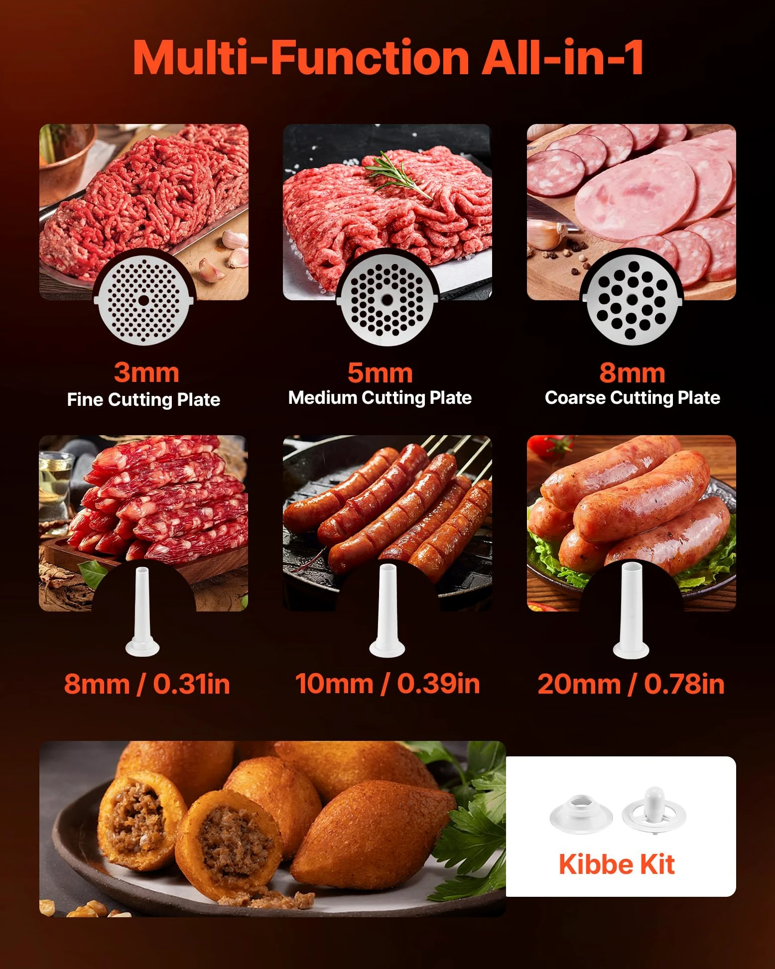 VEVOR Tritacarne Elettrica 700 W da Cucina in Acciaio Inox, Tritacarne Capacità 2,3 kg/min con 3 Dischi 3 Tubi per Salsicce Salami Carne con Piedini Antiscivolo, Cucina Commerciale Ristorante Hotel