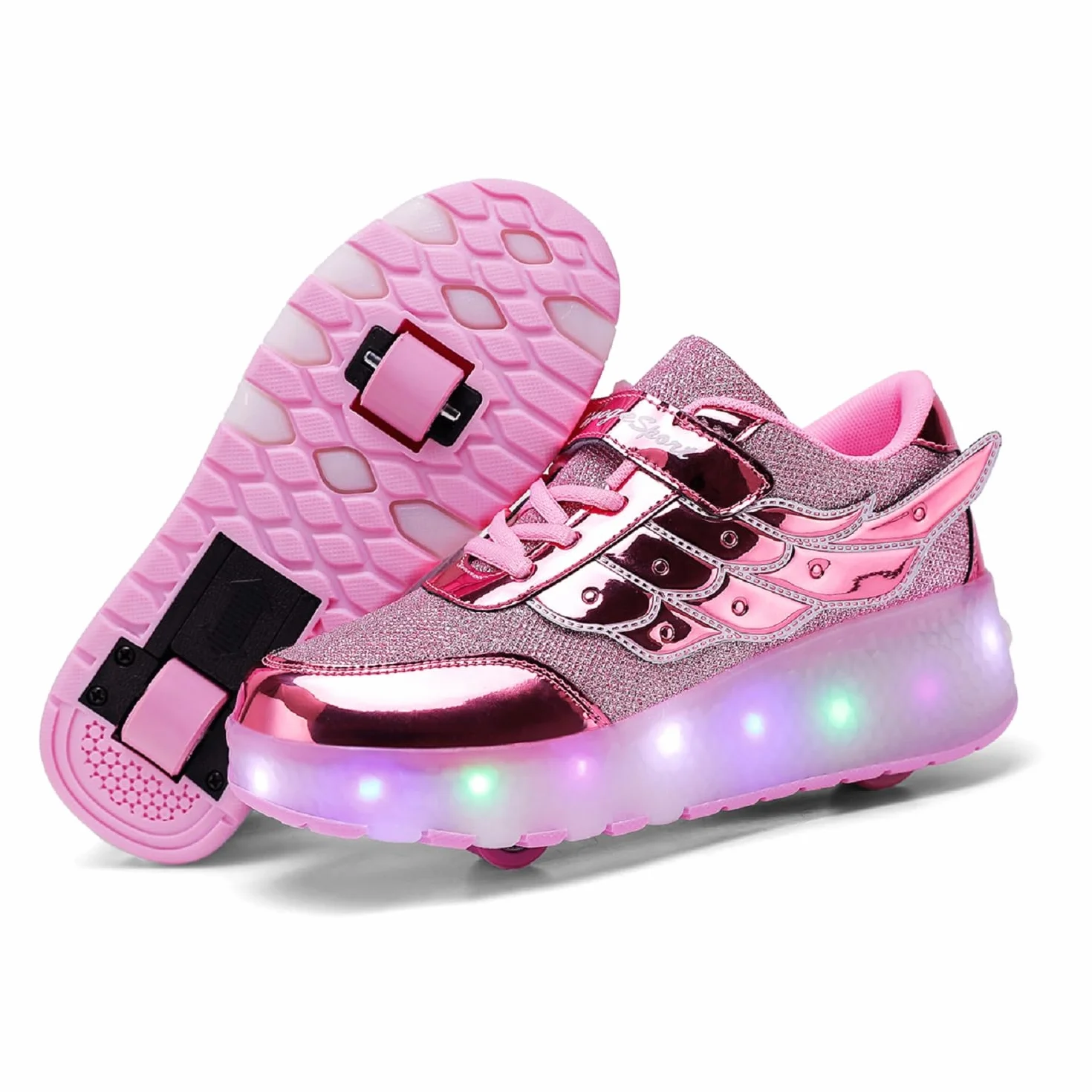 Skateboard Sneakers LED USB Ricarica Luci Brillantini Rotelle Retrattile Outdoor Multisport Luminose Running Calzature Bambini Ragazze Ragazzi