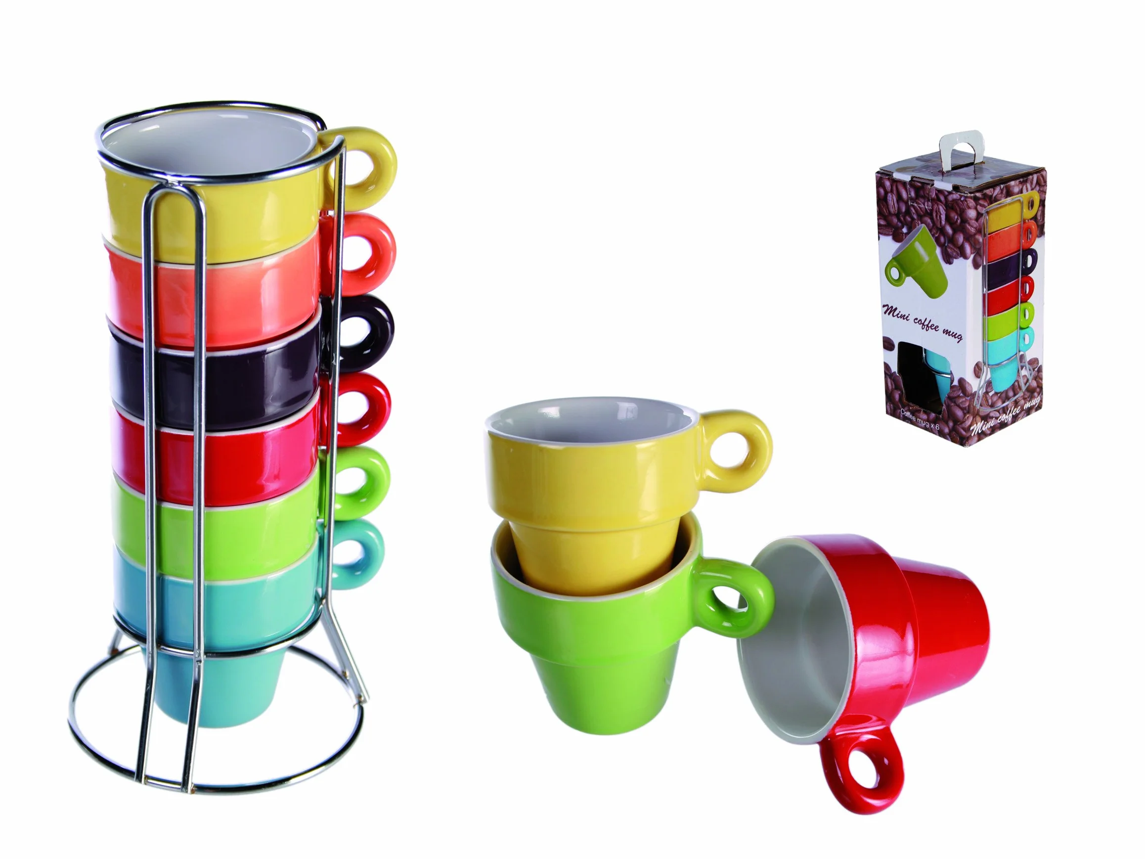 Set di 6 Mini Tazze da Espresso con Supporto in Metallo, Ceramica, 5,5 x 7 cm