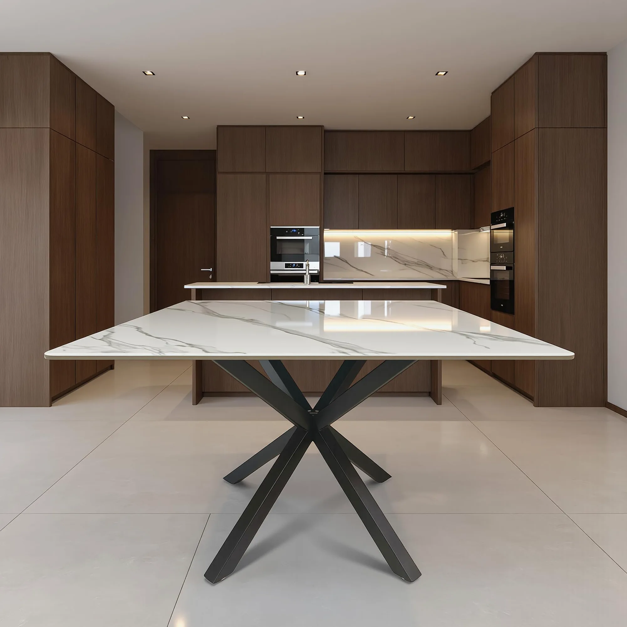 Tavolo da Pranzo in Ceramica Gres Porcellanato 150x90 cm – Piano Lucido Antigraffio Antimacchia – Gambe Incrociate Ferro Verniciato Nero – Finitura Pandora o Calacatta Bianco Marmo