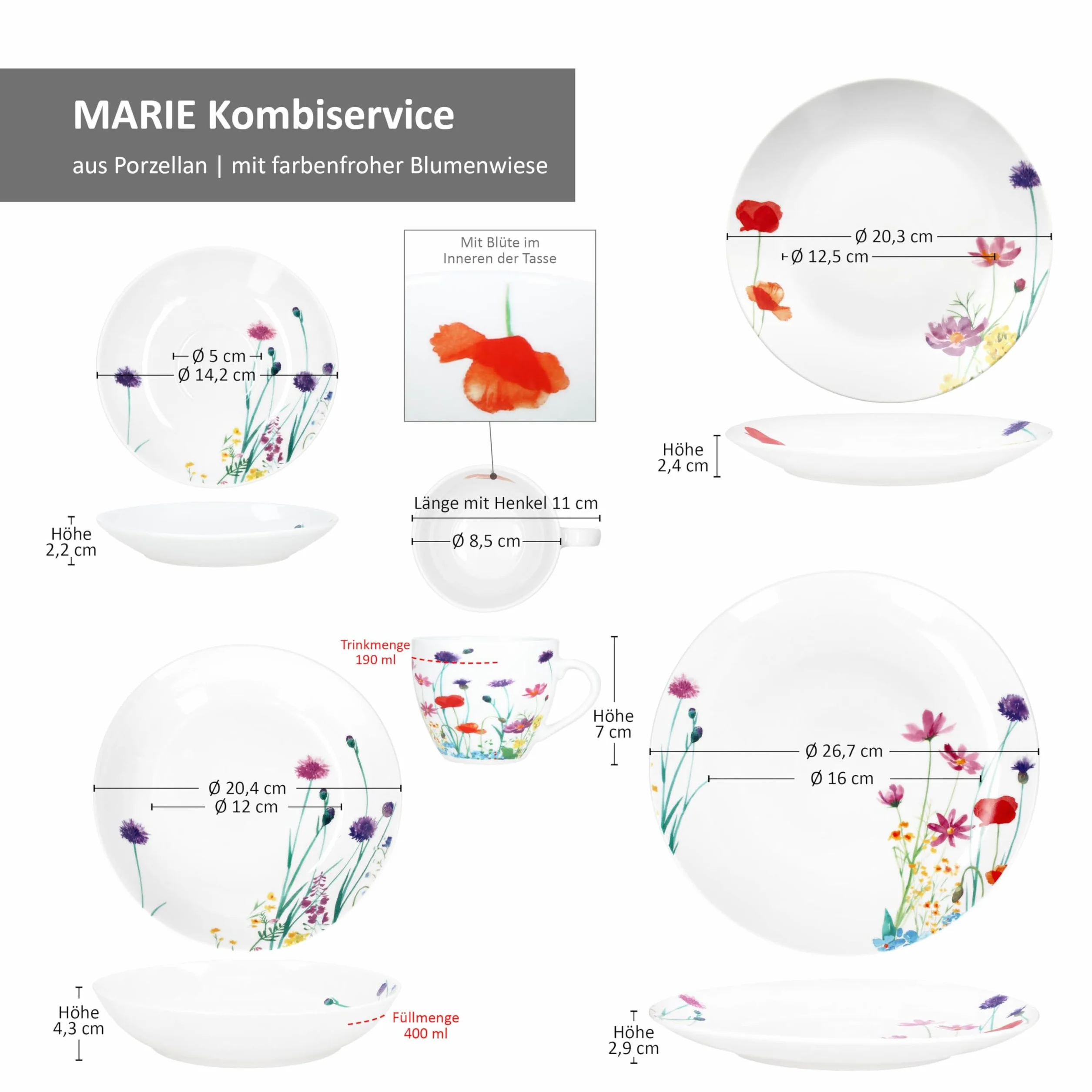 MamboCat Marie Servizio combinato da 30 pezzi, in porcellana con decorazione prato floreale, per 6 persone, 6 tazze, piattini, piatti da torta, piatti fondi e piatti piani