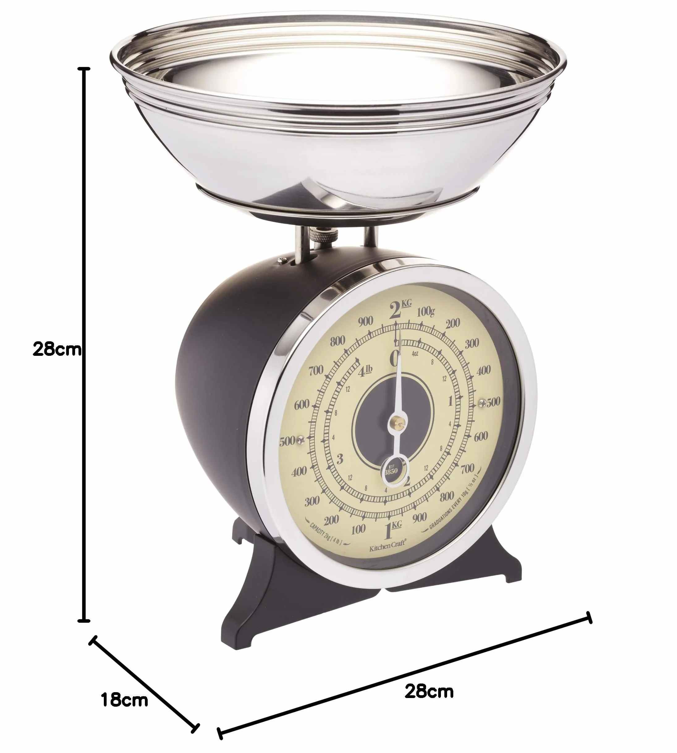 KitchenCraft Classic Collection Bilancia da Cucina Meccanica con Ciotola, Colore Nero, Capacità 2 kg