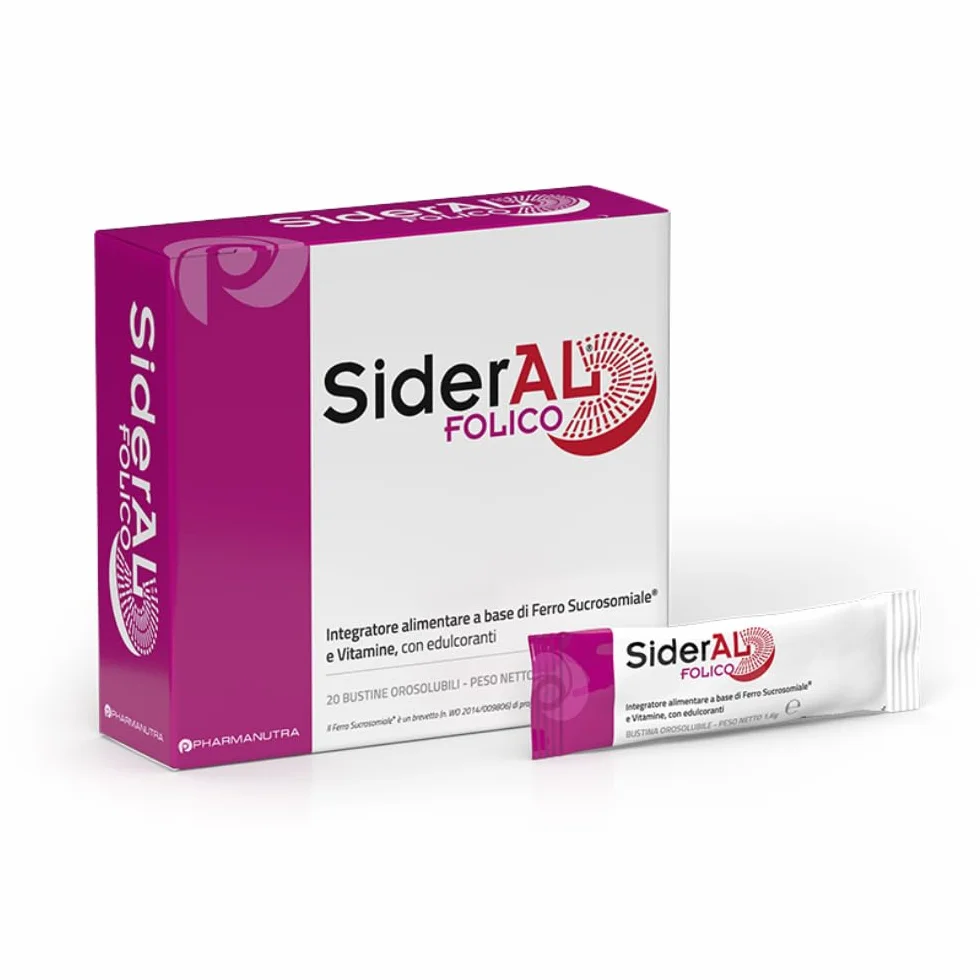 SiderAL Folico, Integratore alimentare con Ferro Sucrosomiale®, Quatrefolic®, Vitamine D3 e B12 Sucrosomiali®, Donne in Gravidanza, Allattamento, Ciclo mestruale, 20 bustine orosolubili, Pharmanutra
