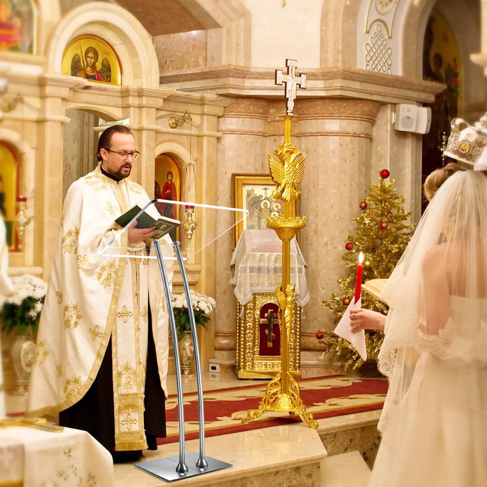 Podio in acrilico con fondo stabile in ferro, pulpiti per chiese con piano di lavoro in acrilico spesso 10 mm, pulpito multifunzione per aule moderne di musica, concerti, matrimoni, conferenze, eventi