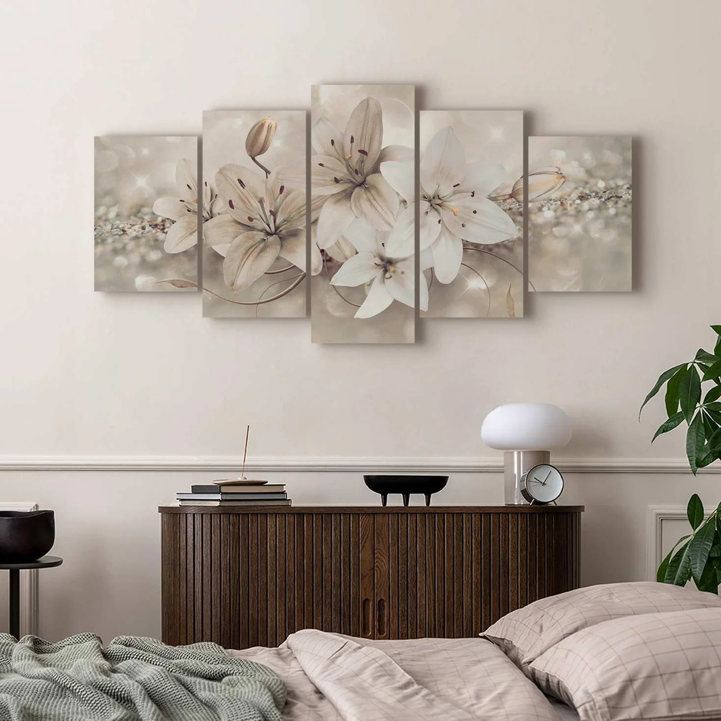 B&D XXL - Quadro Fiori Giglio 150x75 cm 5 pezzi Stampa su tela con Struttura - Quadri Moderni Soggiorno Grandi - Pannelli Decorativi per Pareti Decorazione da parete - Astratto Natura b-A-0297-b-n