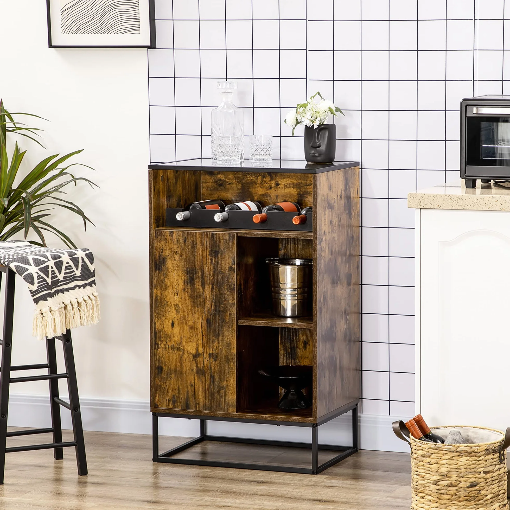 HOMCOM Mobile Multiuso da Salotto con Portabottiglie, Vani Aperti e Armadietto, Mobiletto Porta Vini Stile Industriale, 60x40x100cm, Marrone