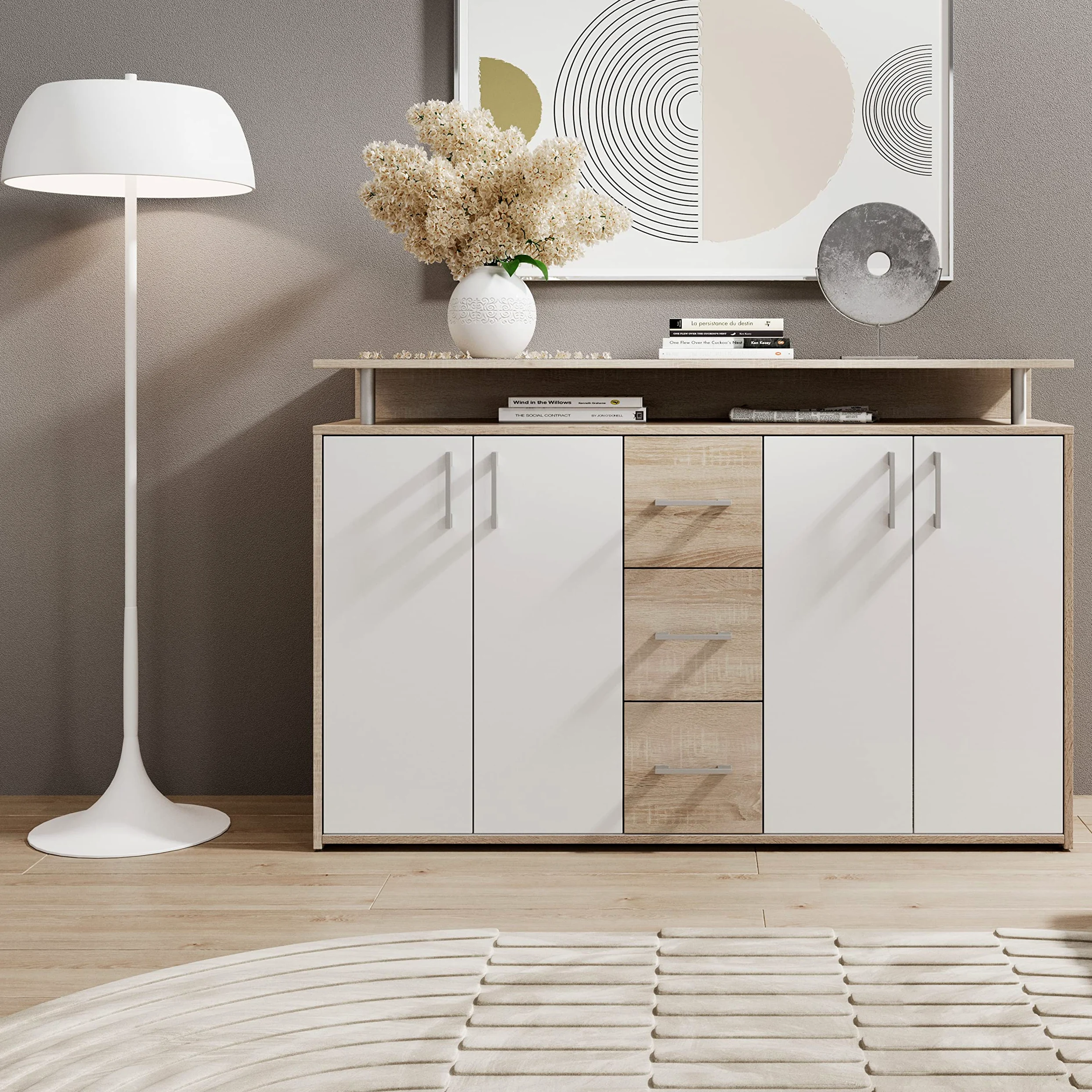 DRIFT, Credenza con ripiano simil rovere sonoma, bianco, elegantea e capiente credenza con cassettiera per la vostra zona giorno; 139 x 90 x 34 cm (L x A x P)