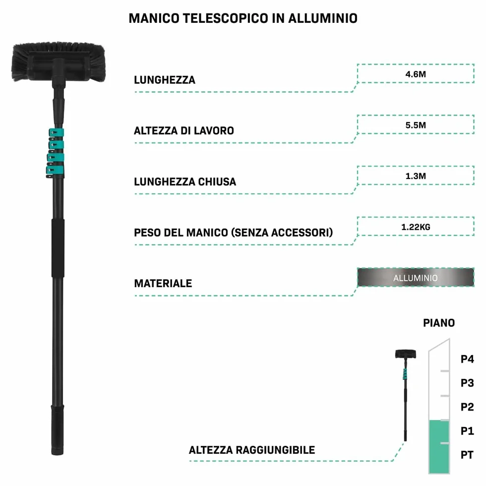 VONROC Spazzola telescopica- 4,60 m - Include spazzola multiuso, tubo flessibile da 6 metri e dispenser di sapone