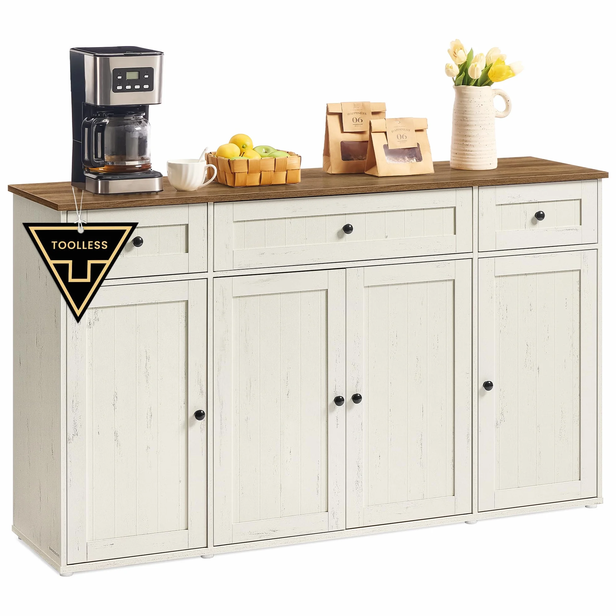 SONGMICS HOME Credenza Montaggio Rapido Senza Attrezzi Toolless, Montaggio Superveloce Senza Utensili, Mobile da Cucina con Piano, Buffet, Ripiani Regolabili, Bianco Vintage e Marrone Miele BBK376WJ02