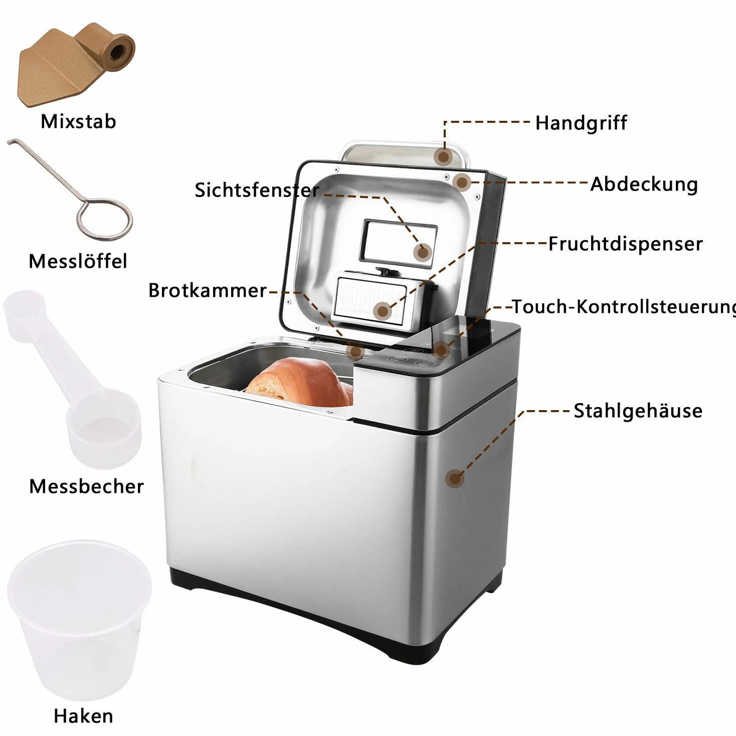 Meykey, macchina per il pane in acciaio inox, 19 programmi di cottura completamente automatica per 500 g, 750 g, 1000 g, timer di ritardo di 15 ore, finestra di visualizzazione, funzione di