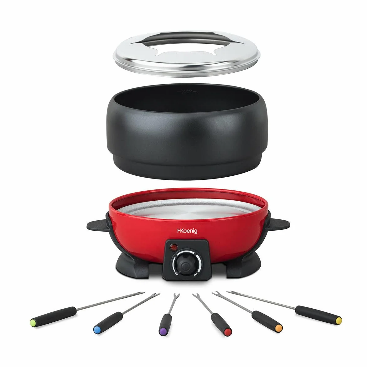 H.Koenig ALP1800 Set per fonduta elettrico 2L acciaio inox 6 forchette ciotola antiaderente rimovibile