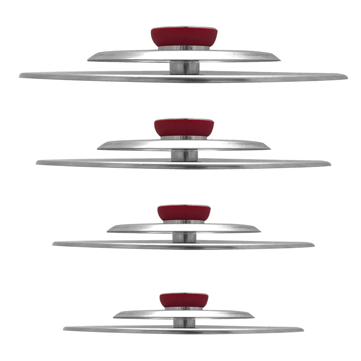 Kit 4 Coperchi Magici Antiodore Ventur Magic Ø25, Ø27, Ø31, Ø35 cm Cooker in Acciaio Inox Pomello Rosso