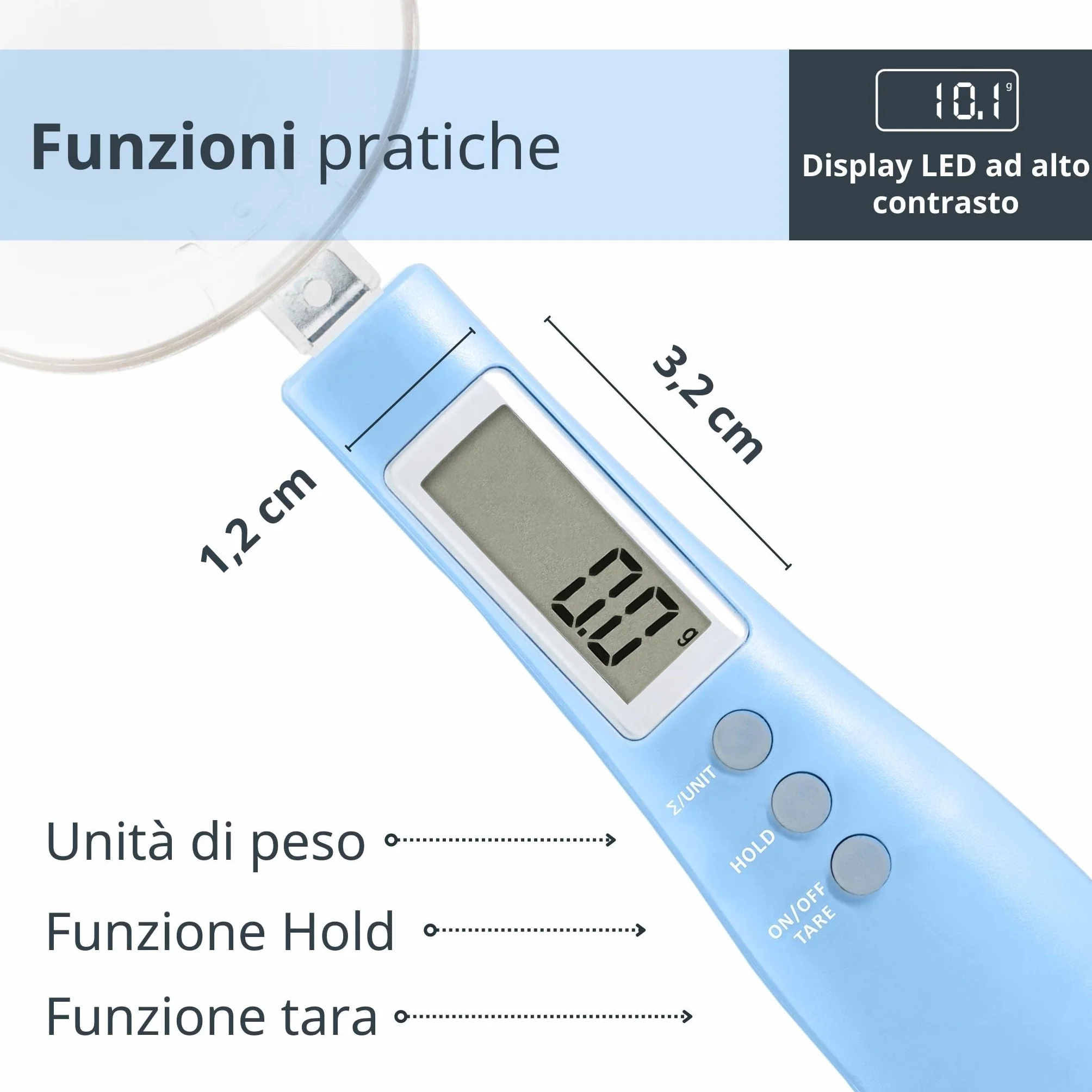 ADE Bilancia digitale a cucchiaio di precisione | bilancia elettronica a cucchiaio dosatore per pesare e dosare precisi | precisione di 0,1 grammi | anche per liquidi | con display LCD | Blu