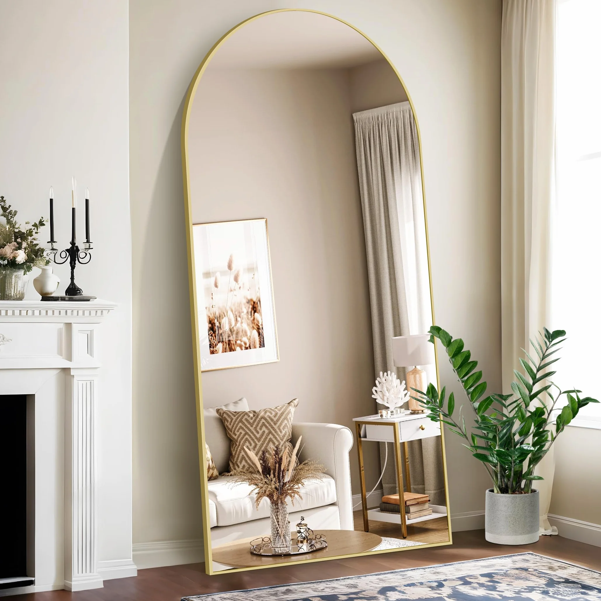 NASSYOU Specchio da Terra, 192 x 85 cm Specchio ad Arco con Cornice in Alluminio Oro per Bagno, Camera da Letto, Ingresso e Corridoio
