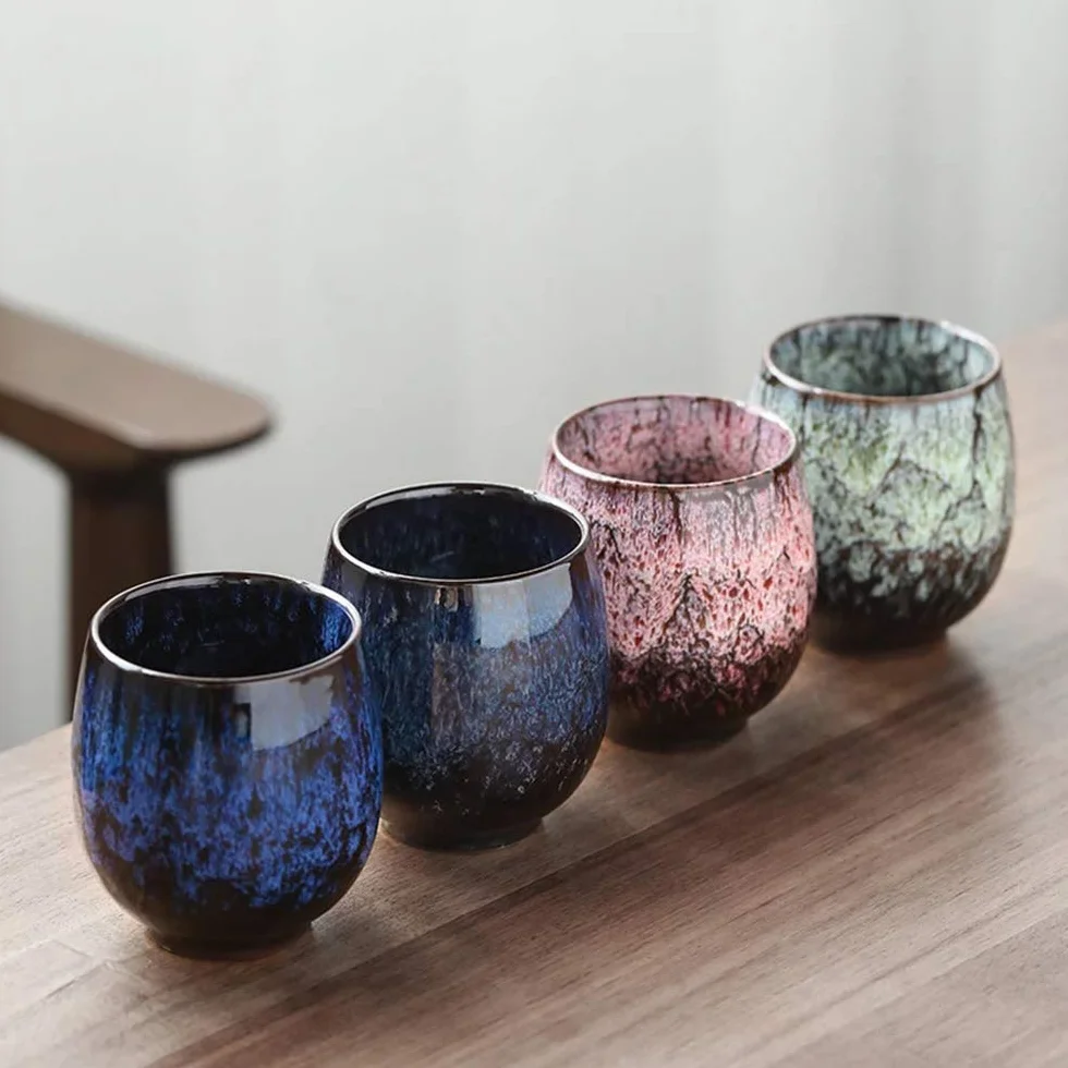 Set di tazze da tè in ceramica giapponese fatte a mano, 4 pezzi, smaltata multicolore flambed