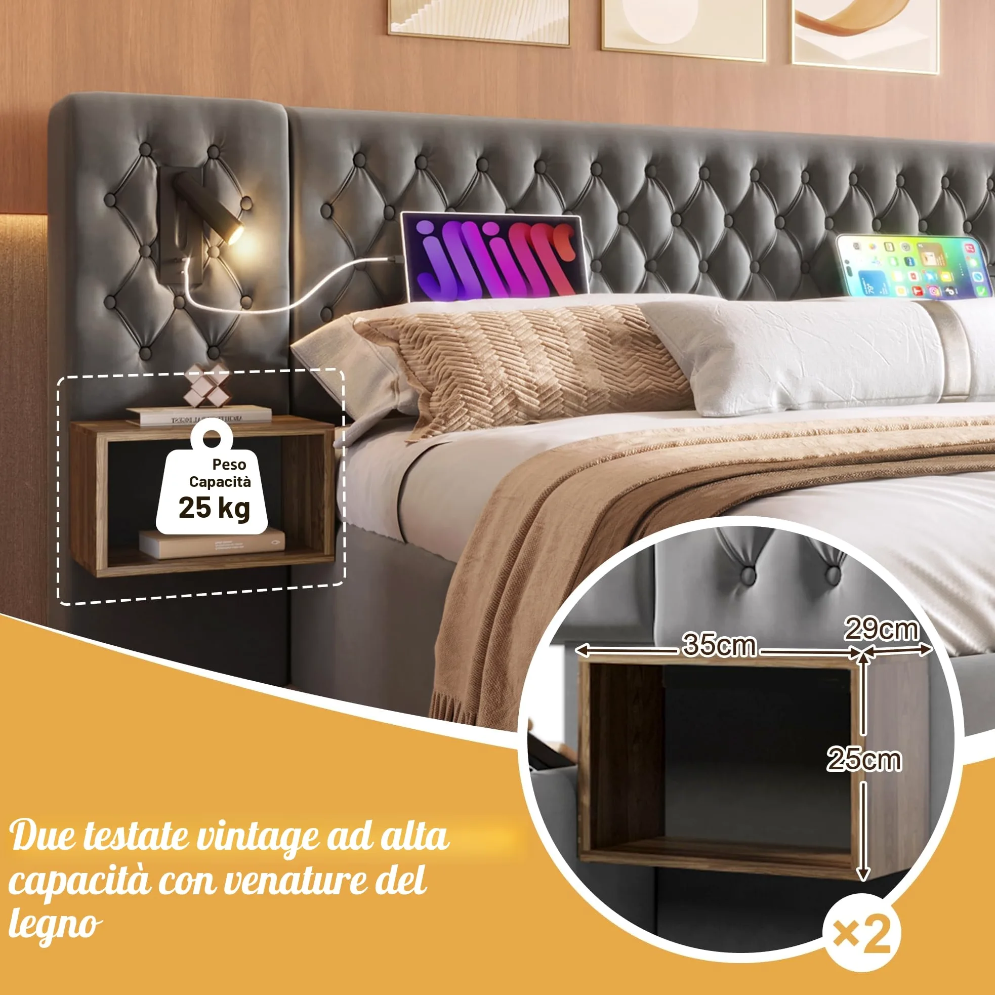 Set Completo per Letto Matrimoniale - Letto Imbottito 180 x 200 cm, Comodini e Cassetti, Lampada da Lettura USB