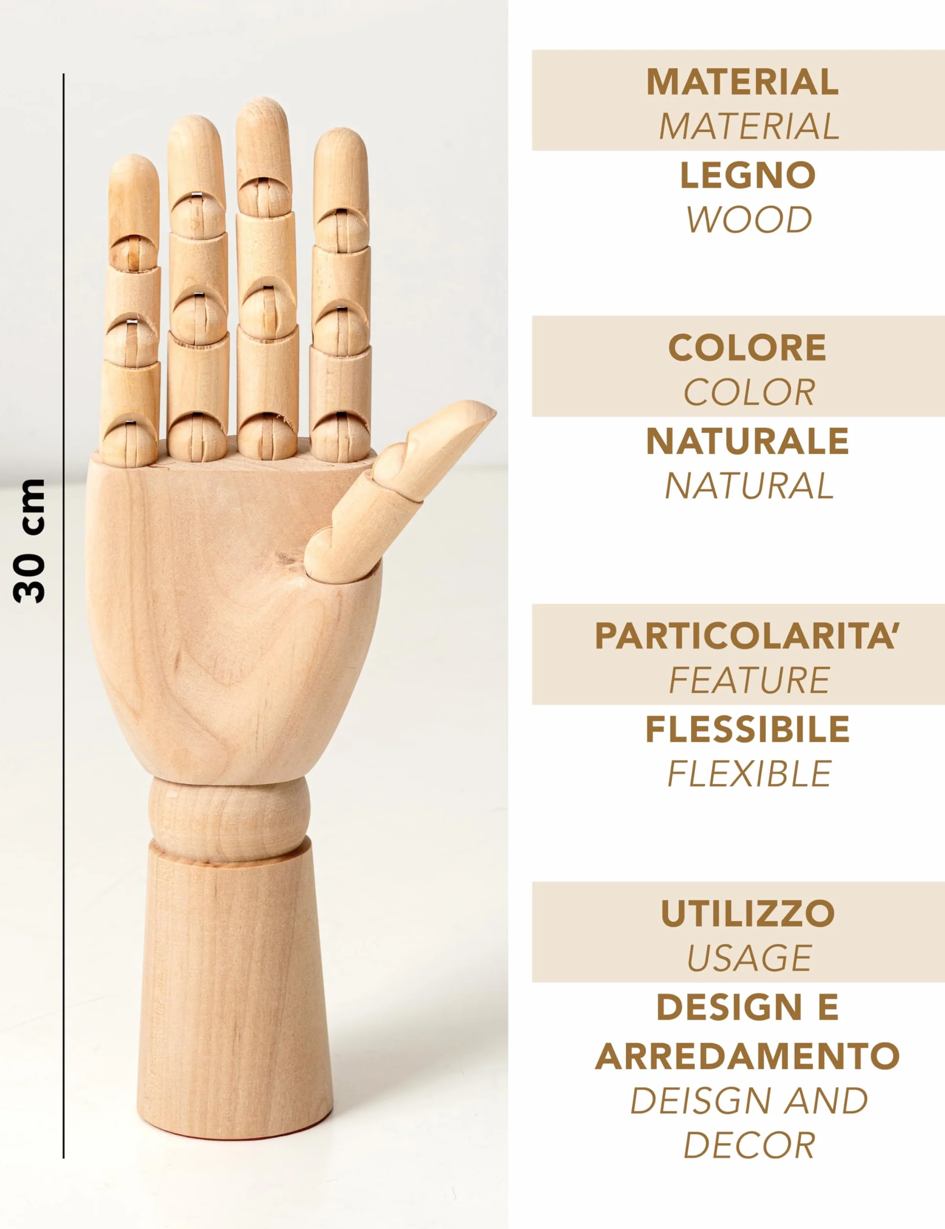 IPEA Mano in Legno Grande 30 cm Snodabile Flessibile Dita Mobili per Disegnatori Mano Destra Manichino Corpo Umano Arte Portaoggetti