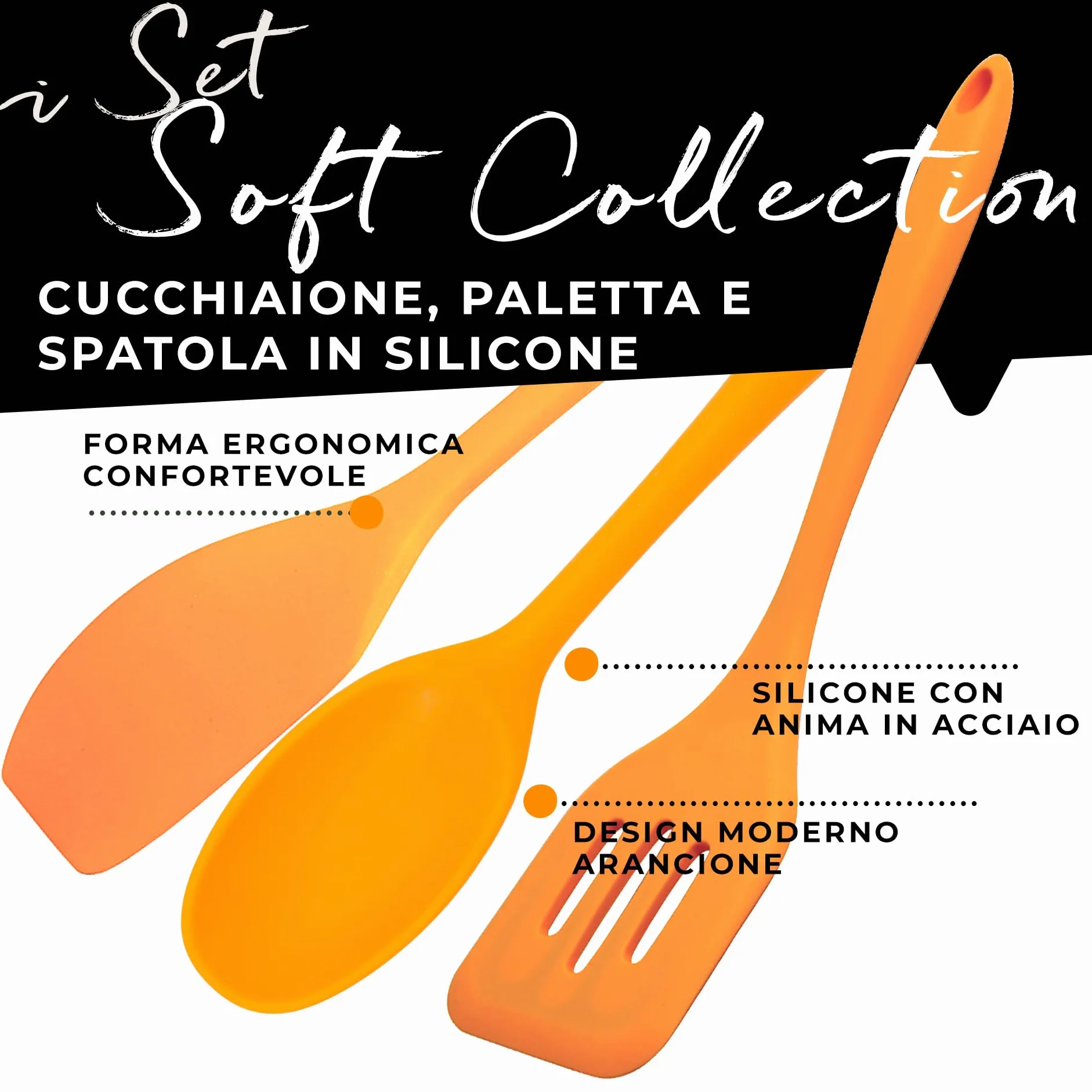 Fackelmann Set 3 Utensili da Cucina in Silicone con Anima in Acciaio, Cucchiaio, Spatola e Paletta Forata, Utensili Antiaderenti Resistenti al Calore, Lavabili in Lavastoviglie, Linea Soft Collection