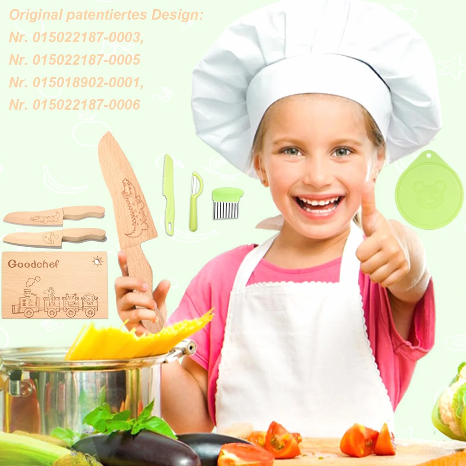 Set di 7 coltelli da cucina per bambini per tagliare e cucinare frutta o verdura, con coltello in legno, tagliere, pelapatate, piccolo tagliere per bambini