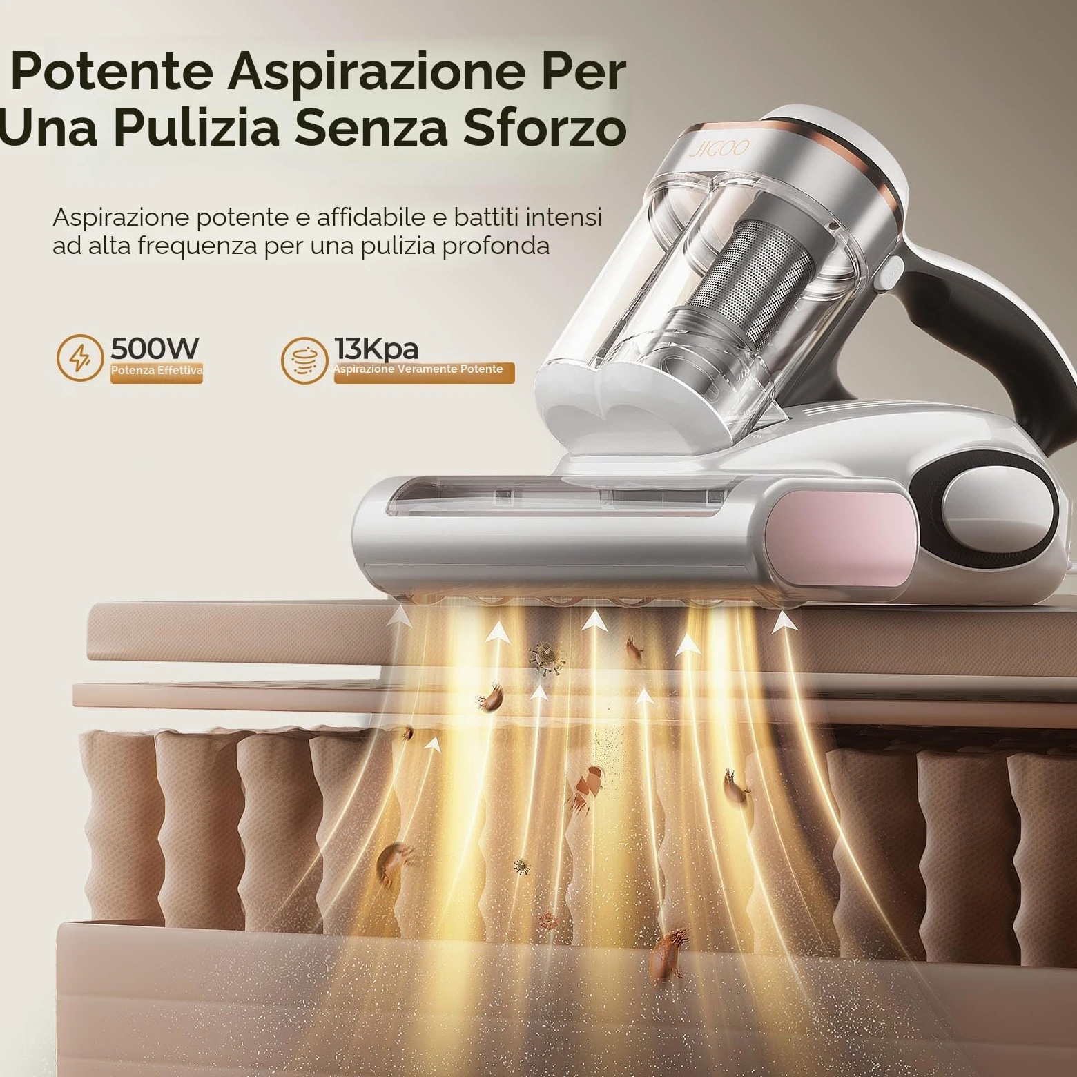 JIGOO J300 Battimaterasso,500W Aspiratore portatile intelligente per materassi, Aspirapolvere antiacaro con luce UV, rimuove il 99,9% degli allergeni, per materassi, letti, divani e mobili imbottiti
