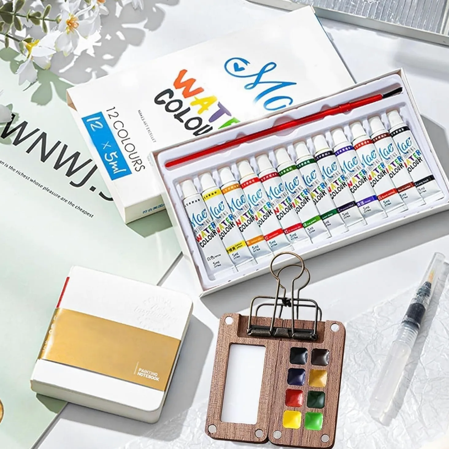 Mini kit per acquerelli, set di acquerelli, 2025 nuovo set di acquerelli da viaggio con clip pennello penna album da disegno (8 griglie+12 acquerelli)