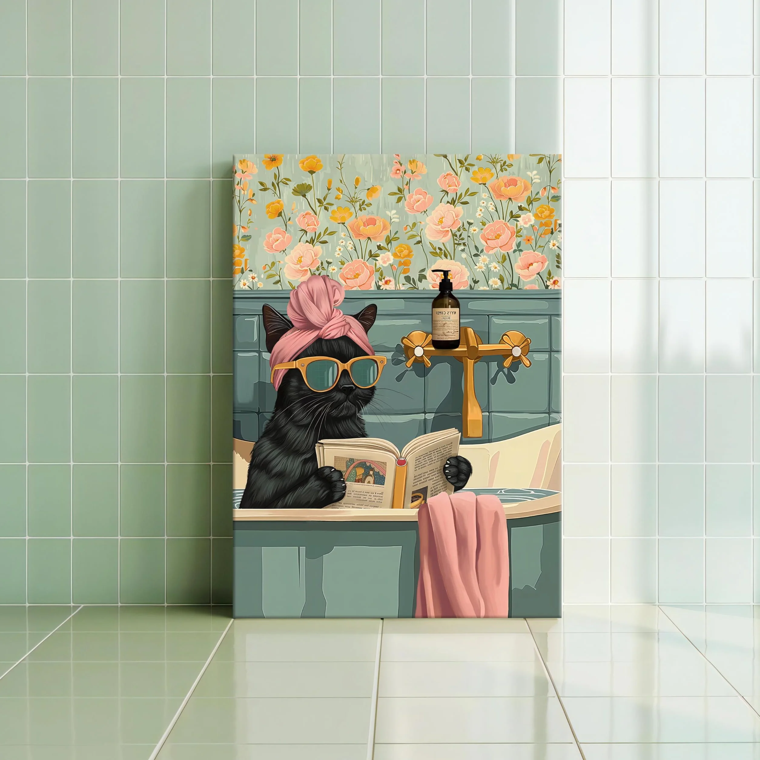 FajerminArt Divertente Bagno Stampe da Parete Gatto Nero Leggere Nella Vasca da Bagno Quadri Moderni Umorismo Animale Paesaggio Stampa su tela Quadro Pittura Poster Decor Bagno Camera da letto 40x60cm