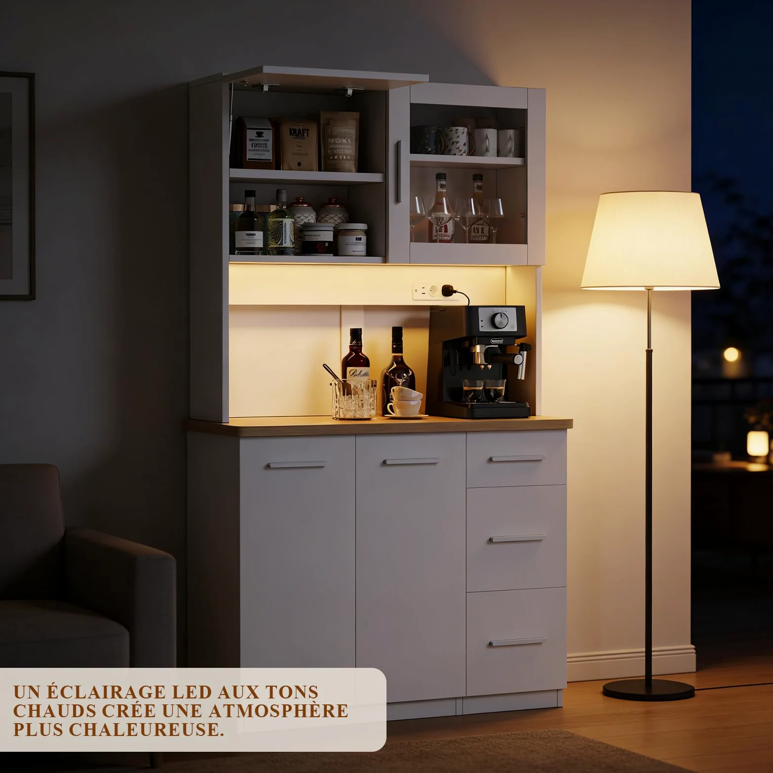 Devoko Mobile da cucina, credenza, armadio alto con prese di corrente e strisce LED 3000 K, con piano di lavoro da 24 mm, ripiani regolabili, 3 cassetti, 100 x 40 x 182 cm (Bianco)