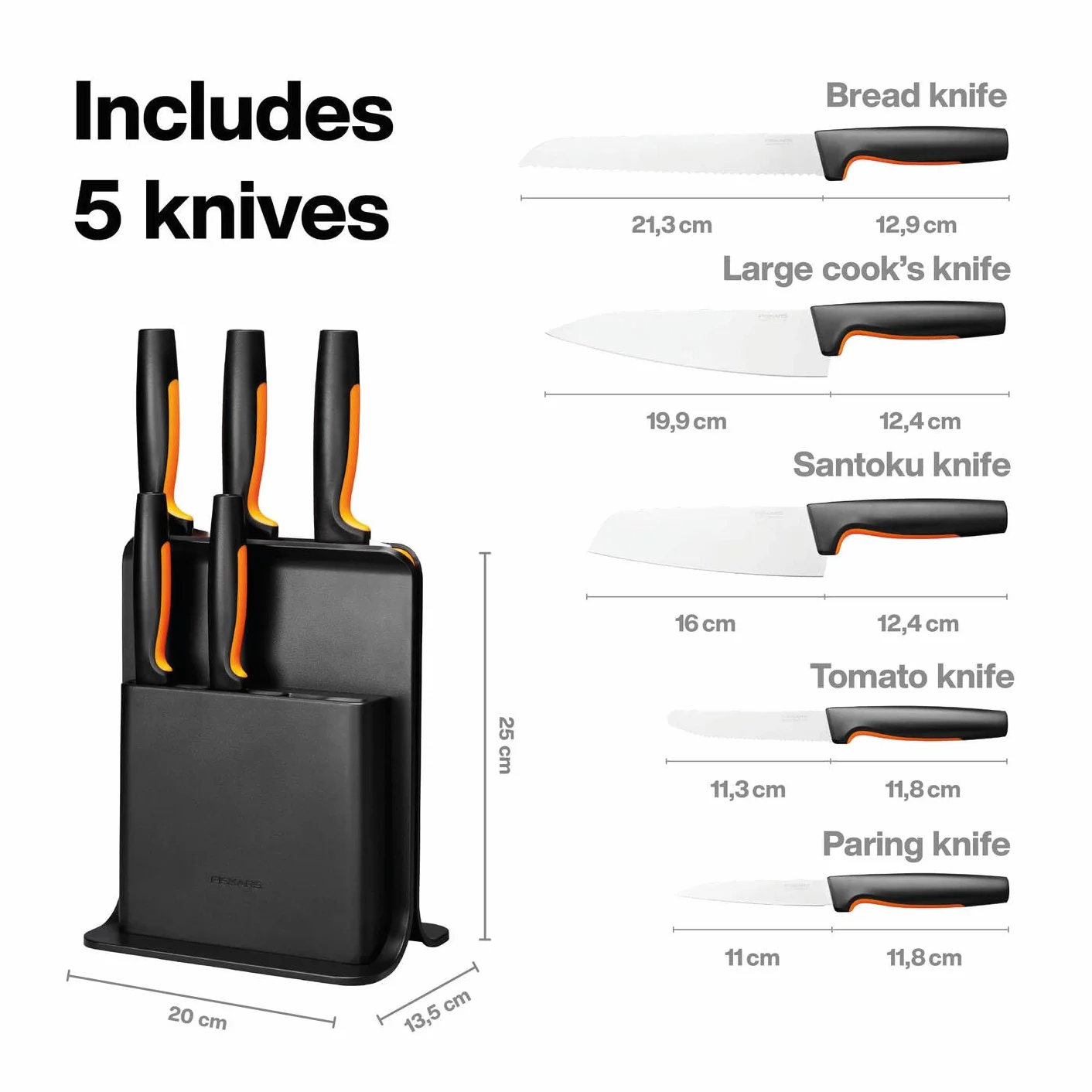 Fiskars Ceppo per Coltelli di Design con 5 Coltelli, Functional Form, Incl. Spelucchino, Coltello per Pomodoro, Coltello Santoku, Coltello da Cucina e per Pane, Plastica, Nero, 1057554