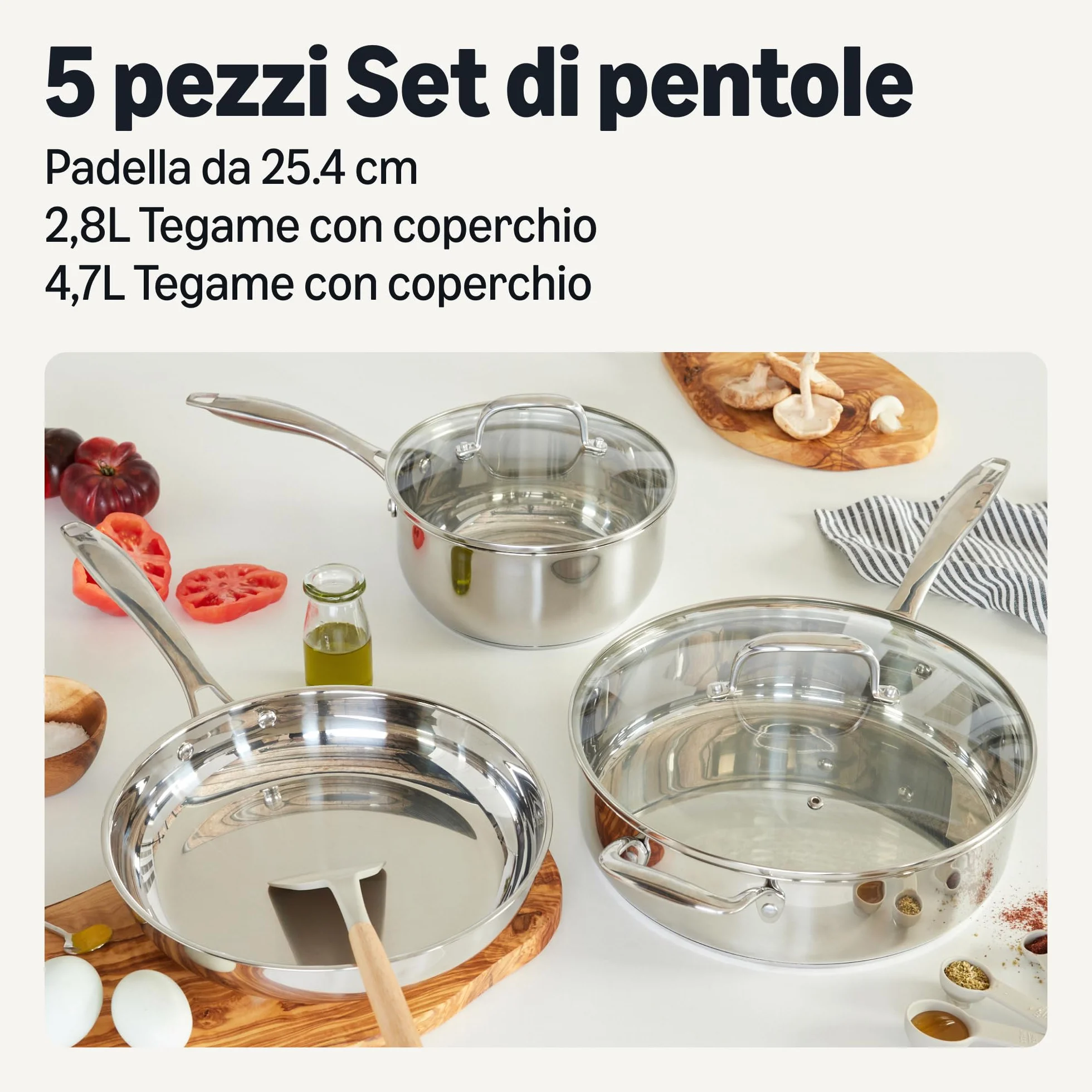 Amazon Basics Pentole in Acciaio Inox Set 5 Pezzi per Tutti i Piani Cottura